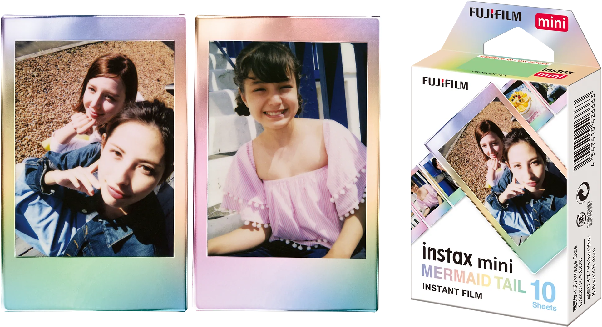 Fotos und eine Schachtel Instax Mini Meerjungfrauenschwanz Sofortbildfilm. Enthält zwei Fotos.