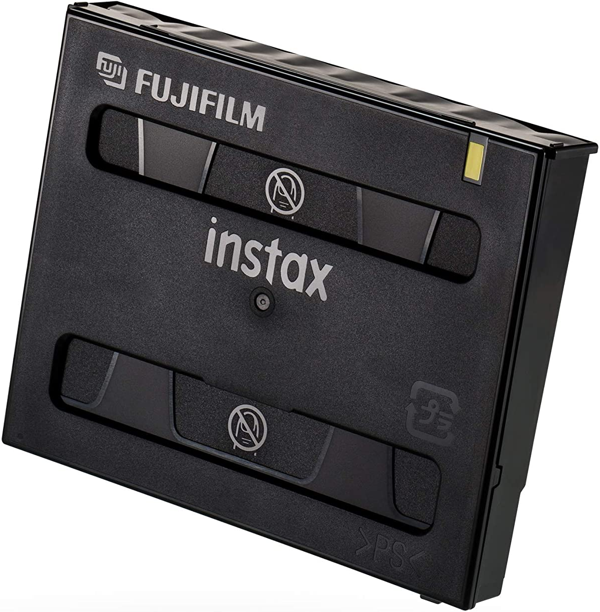 Cartouche de film Instax noire, avec étiquettes et marquages, sur fond blanc.