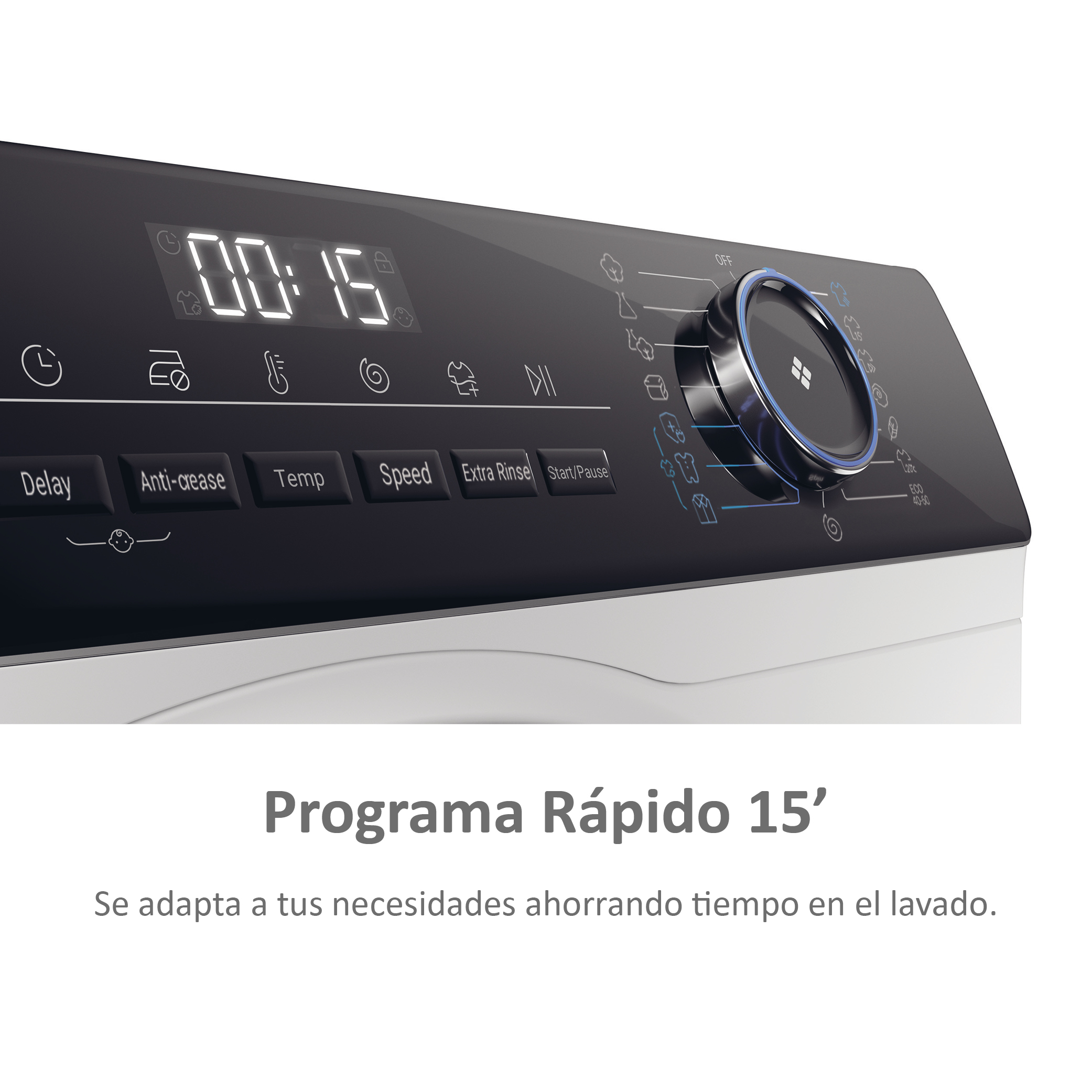 Panel de control de lavadora con pantalla digital, botones y dial.