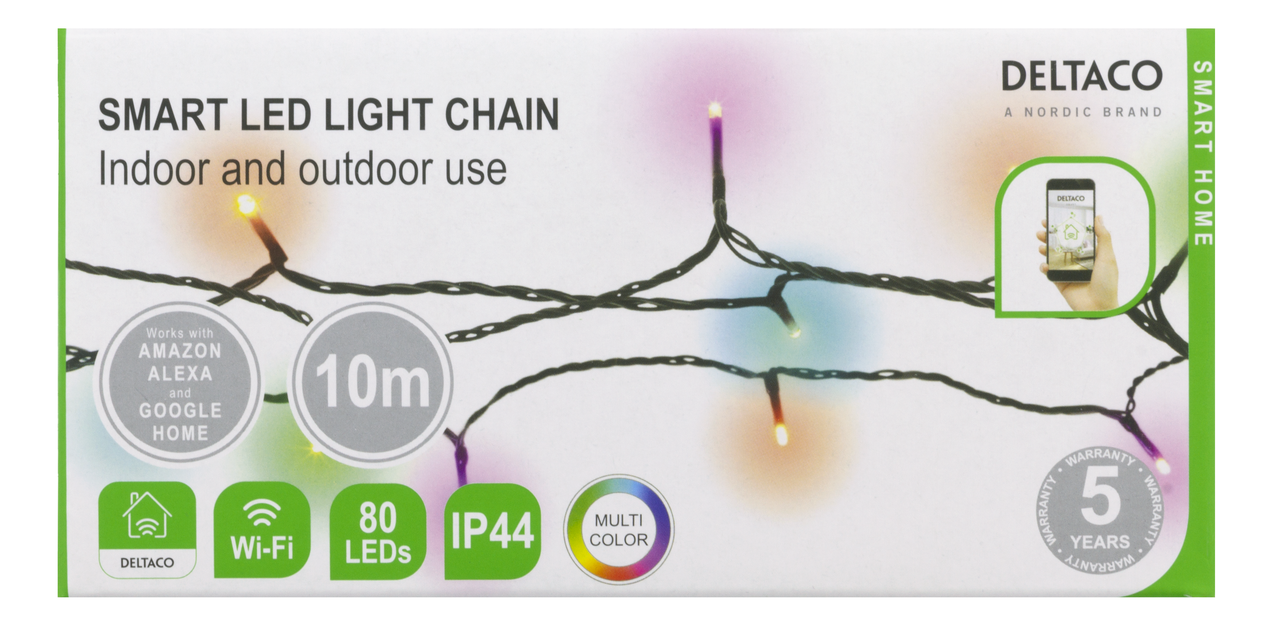 Ein Produktfoto zeigt eine smarte LED-Lichterkette in einer Box und Komponenten auf weißer Oberfläche.