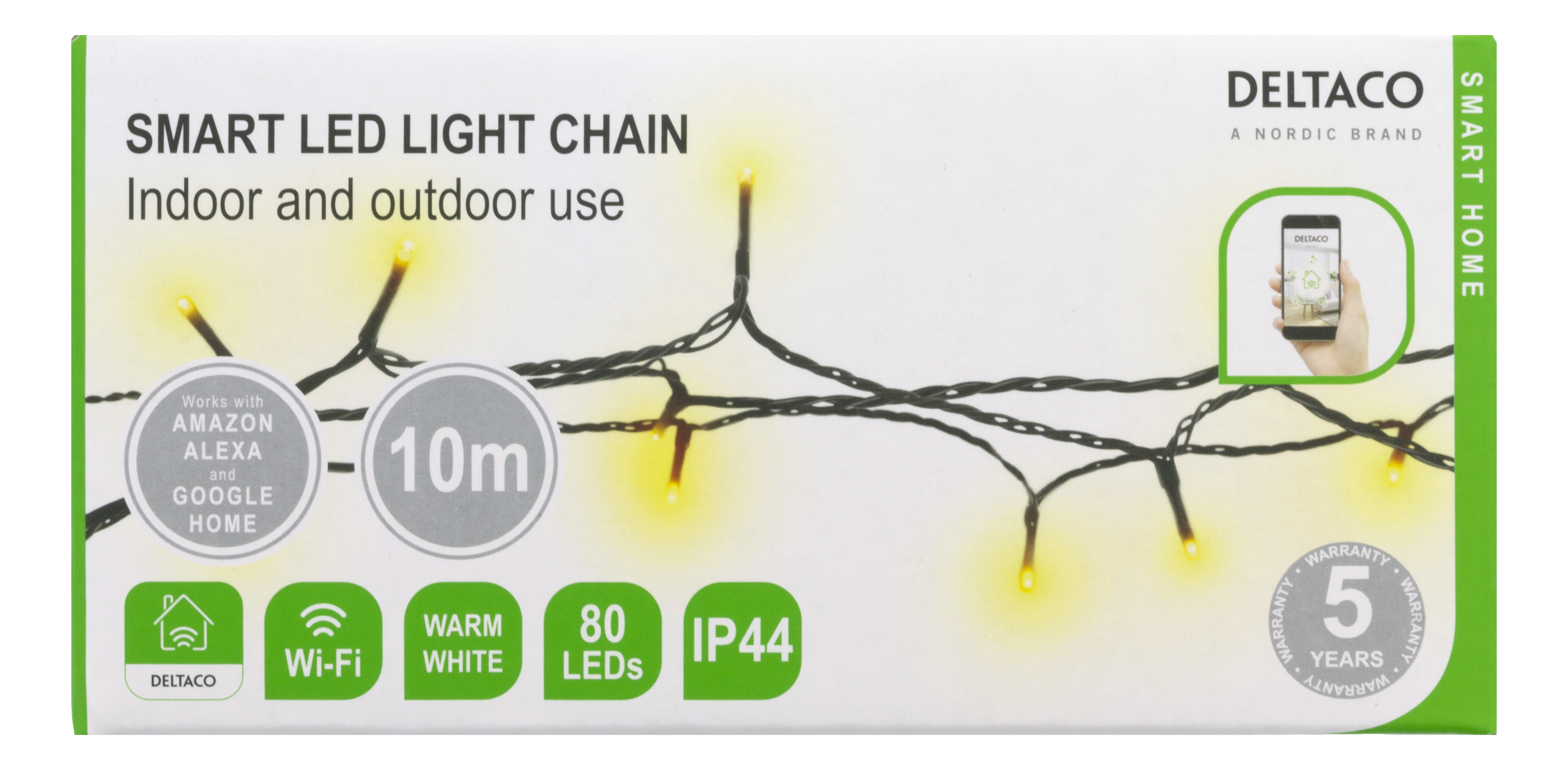 Smarte LED-Lichterkette in einer Box. Auf der Box steht 'Smarte LED-Lichterkette' und 'Innen- und Außenbereich'.