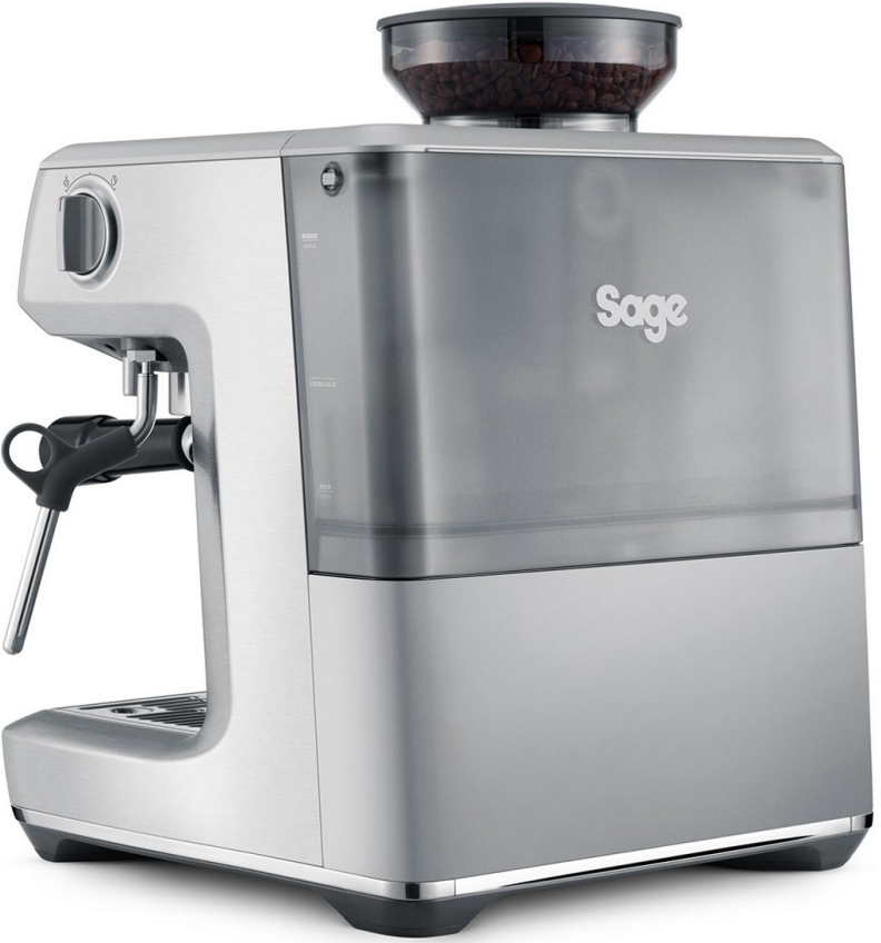 Une machine à expresso argentée avec un moulin à grains et un réservoir d'eau. Elle a une poignée noire.
