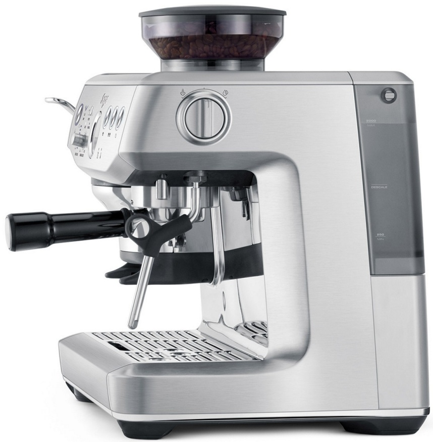Une machine à expresso argentée avec un moulin à grains sur le dessus et un réservoir d'eau à droite.