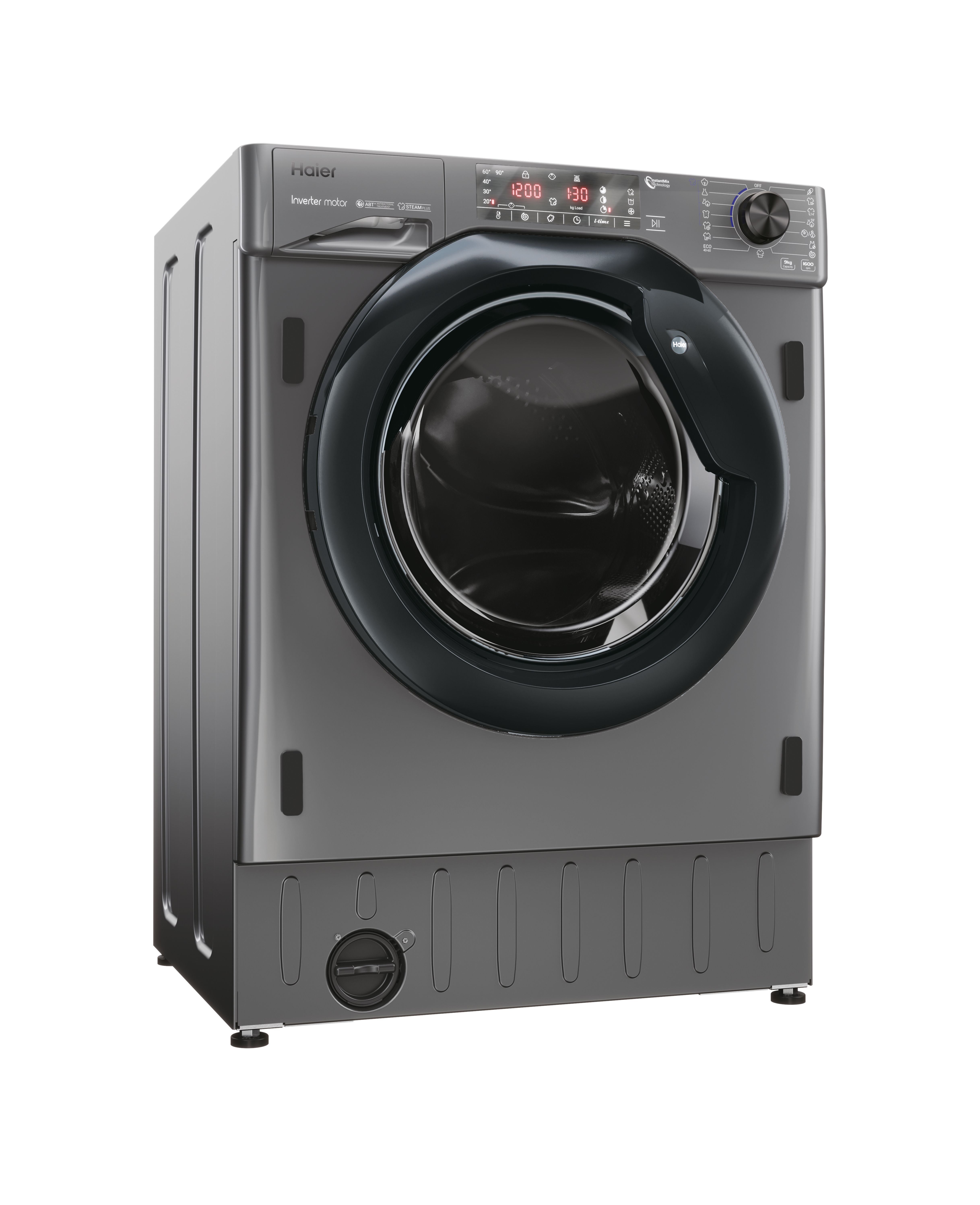 Una lavadora Haier gris, con puerta negra abierta y panel de control.