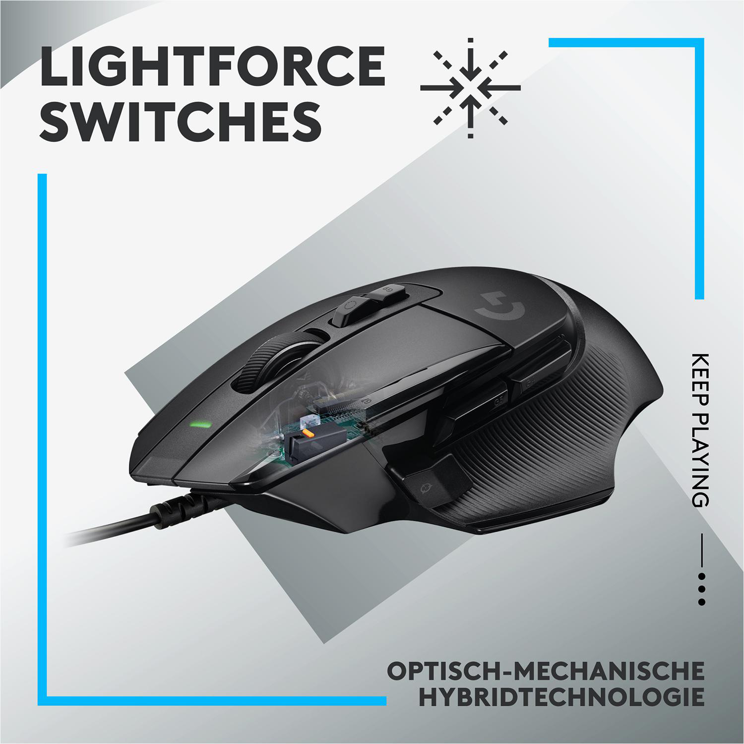 Schwarze Gaming-Maus. Die Maus hat ein Kabel. Die Worte auf dem Bild sind Lightforce Switches und Keep Playing.