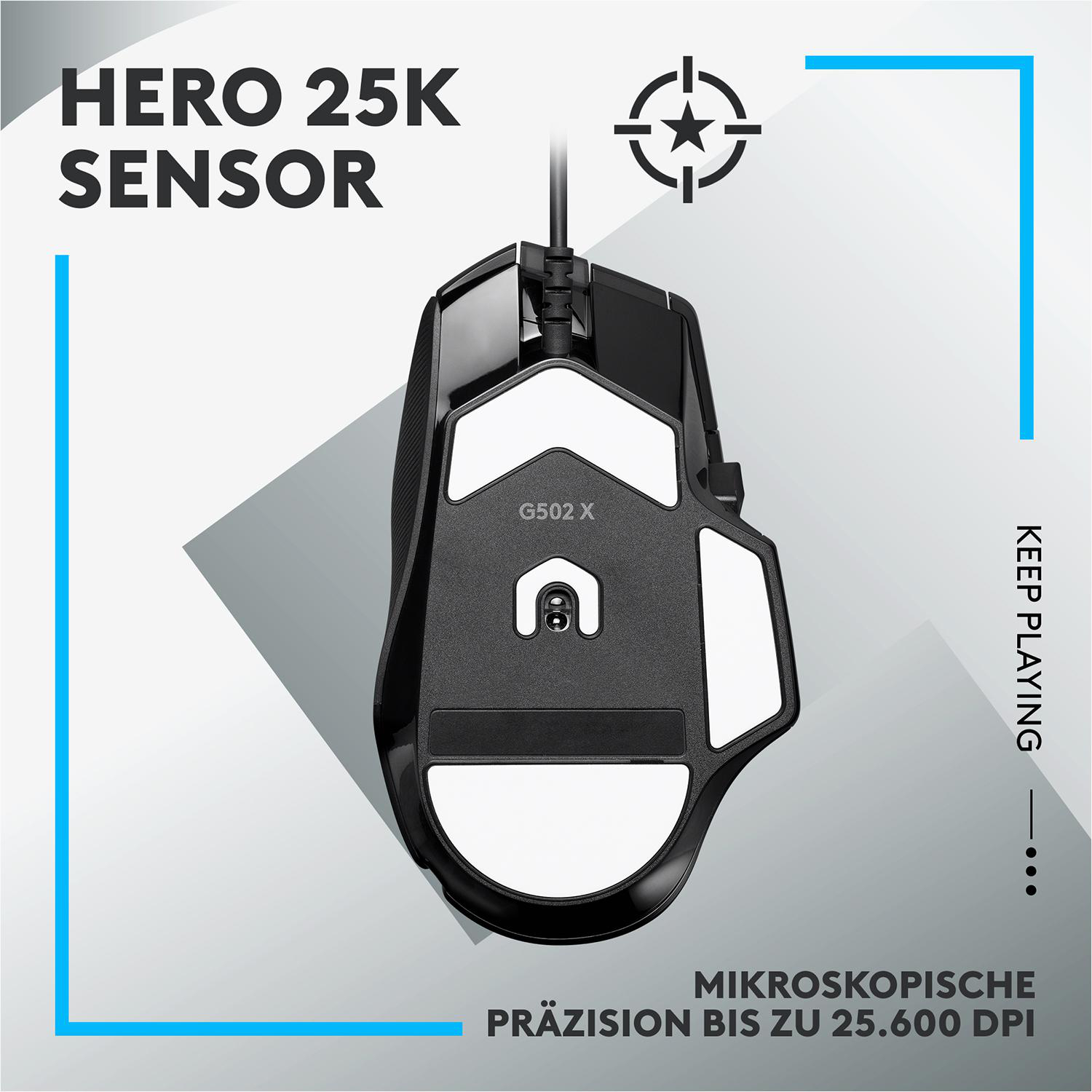 Schwarze Gaming-Maus, weiße Akzente, Text 'HERO 25K SENSOR' und 'KEEP PLAYING'.