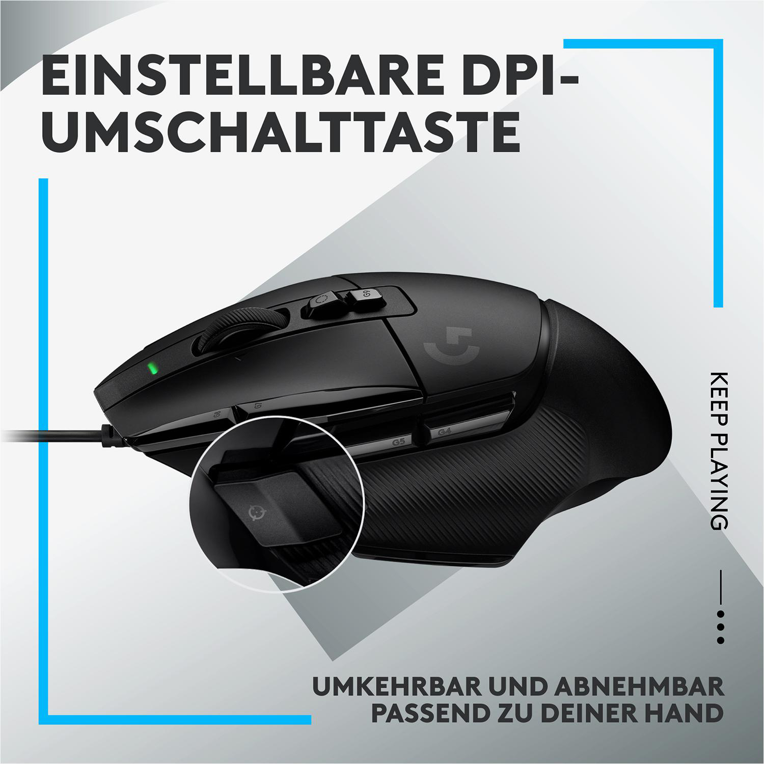 Schwarze Gaming-Maus mit Text, Detail der einstellbaren Taste.