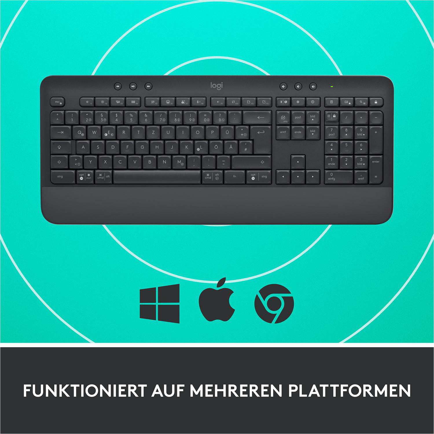 Eine dunkelgraue Tastatur mit weißen Tasten und Funktionssymbolen. Unten sind drei Symbole.