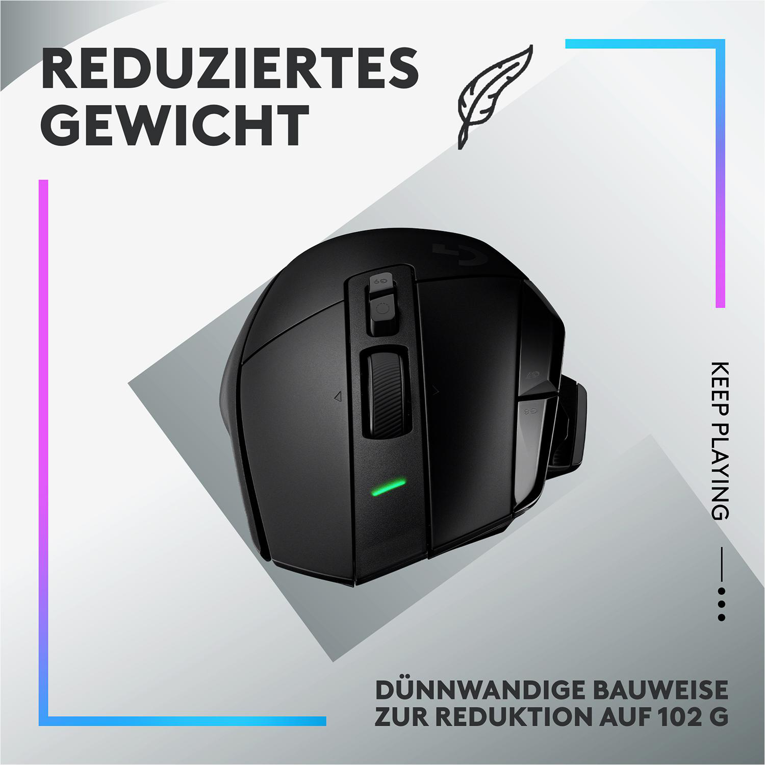 Schwarze Gaming-Maus mit Text und Grafiken. Grünes Licht oben.