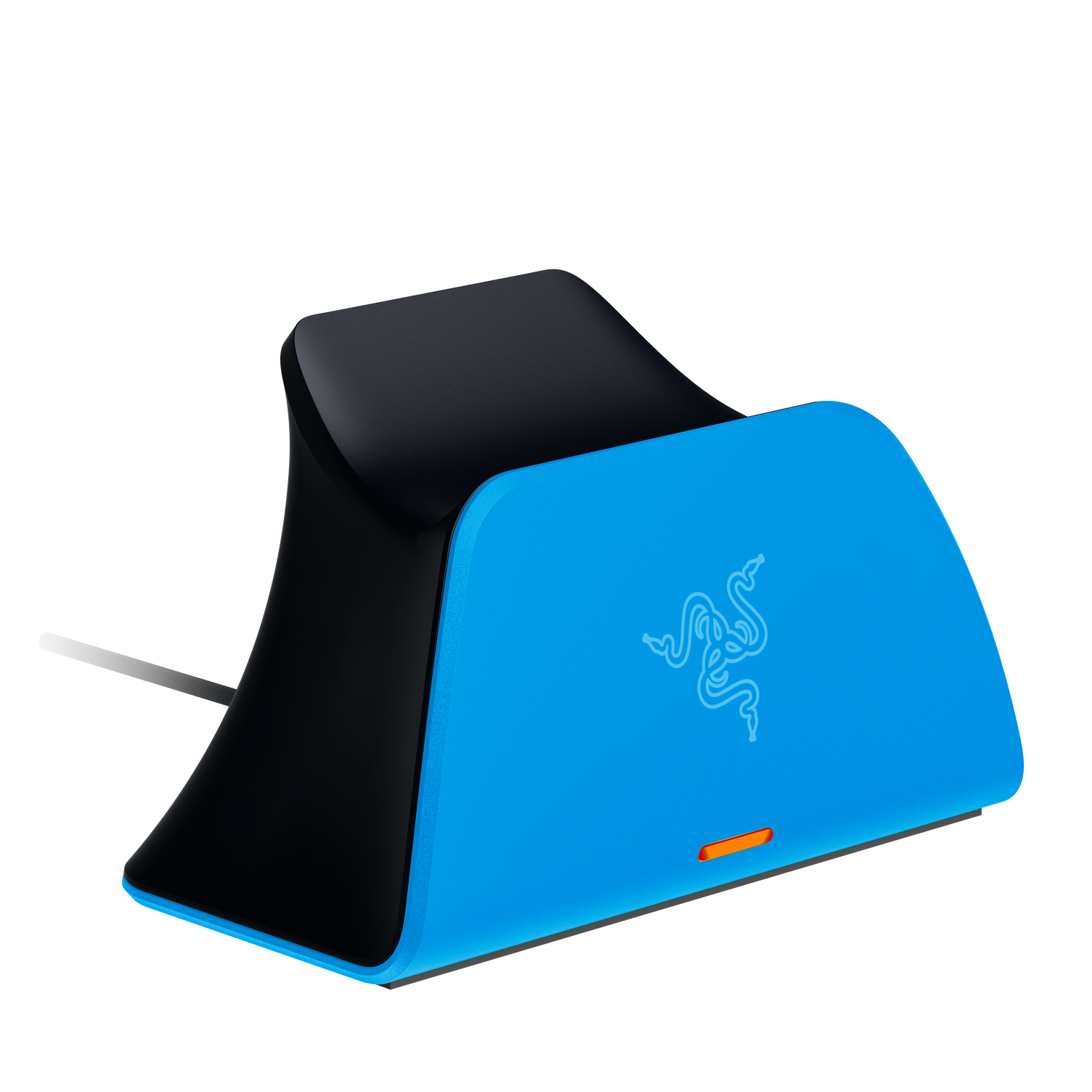Blau-schwarze Razer Ladestation. Razer-Logo sichtbar, oranges Licht leuchtet.