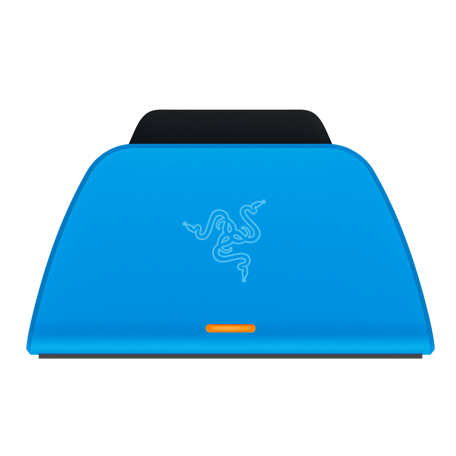 Blaues Razer-Gerät mit leuchtendem Logo. Unten ein orangefarbenes Licht.