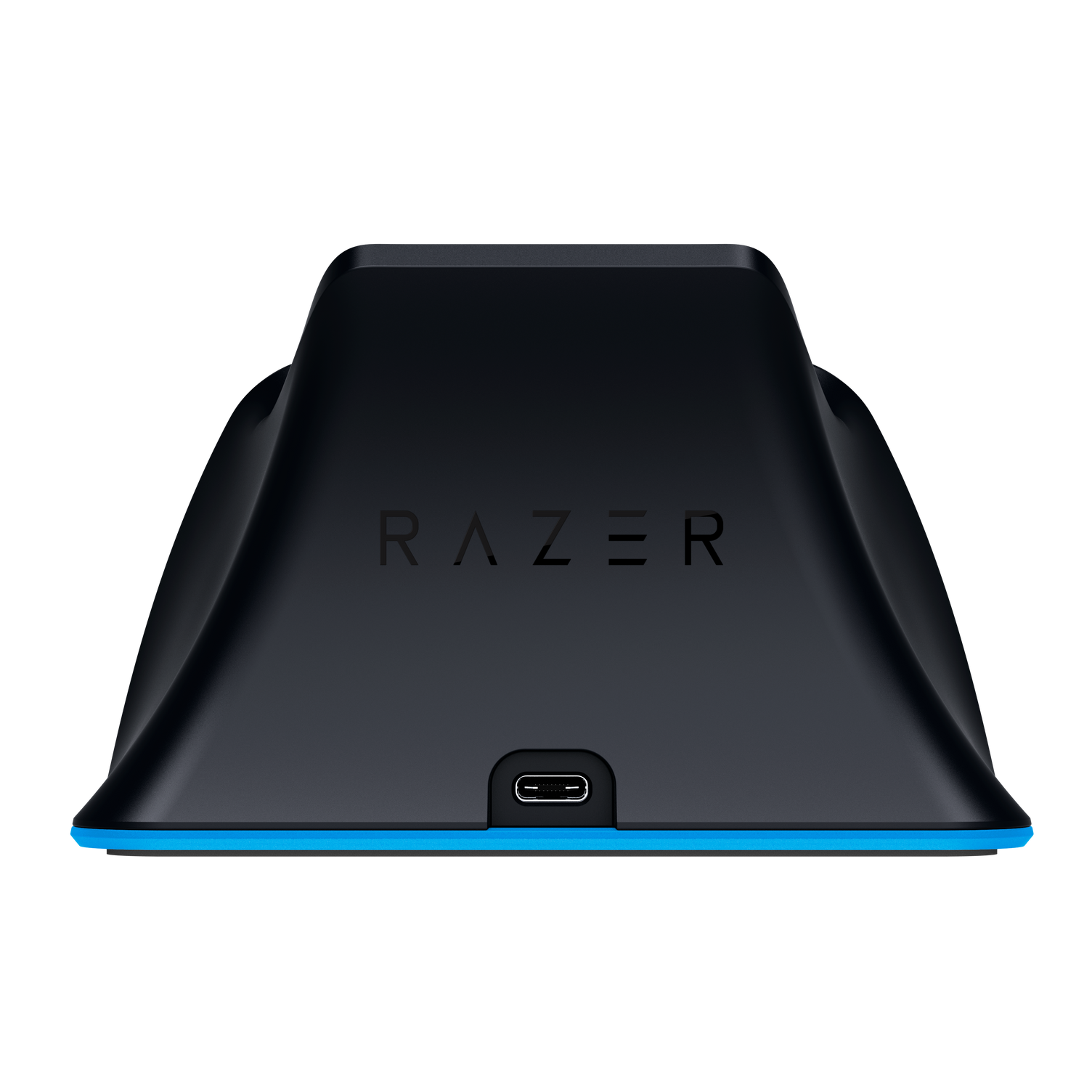 Schwarze Razer-Ladestation. Blaues Licht leuchtet unten. Razer-Logo auf der Vorderseite.