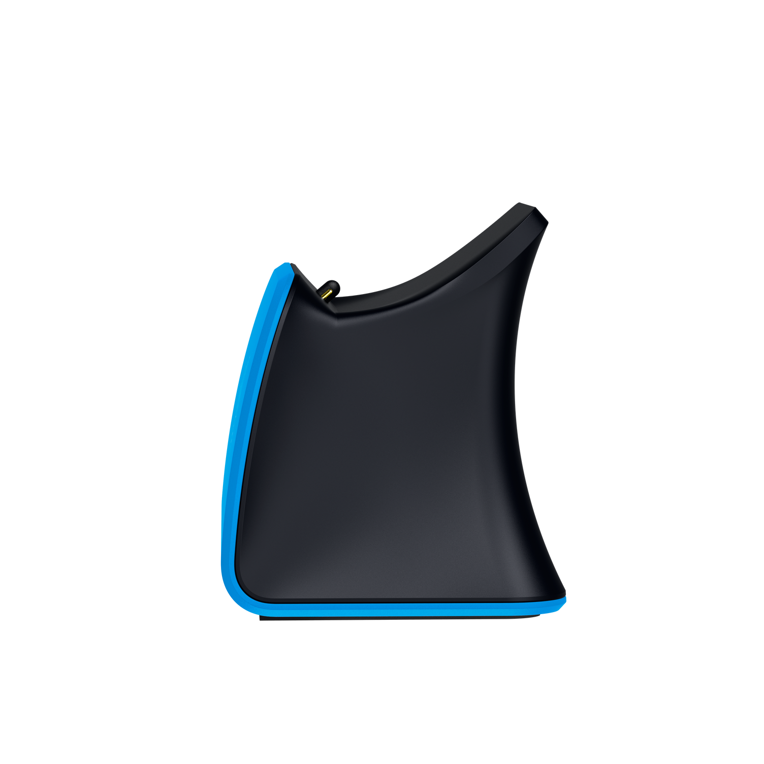 Seitenansicht einer blau-schwarzen Razer Ladestation. Gebogenes Design, schwarze Ober- und blaue Unterseite.