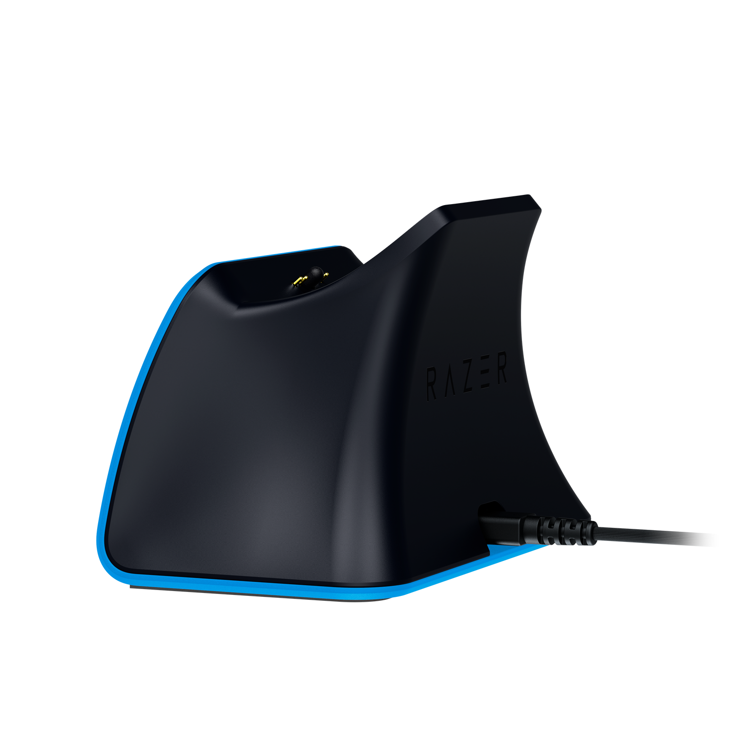 Eine schwarze Razer-Ladestation mit blauen Akzenten vor schwarzem Hintergrund.