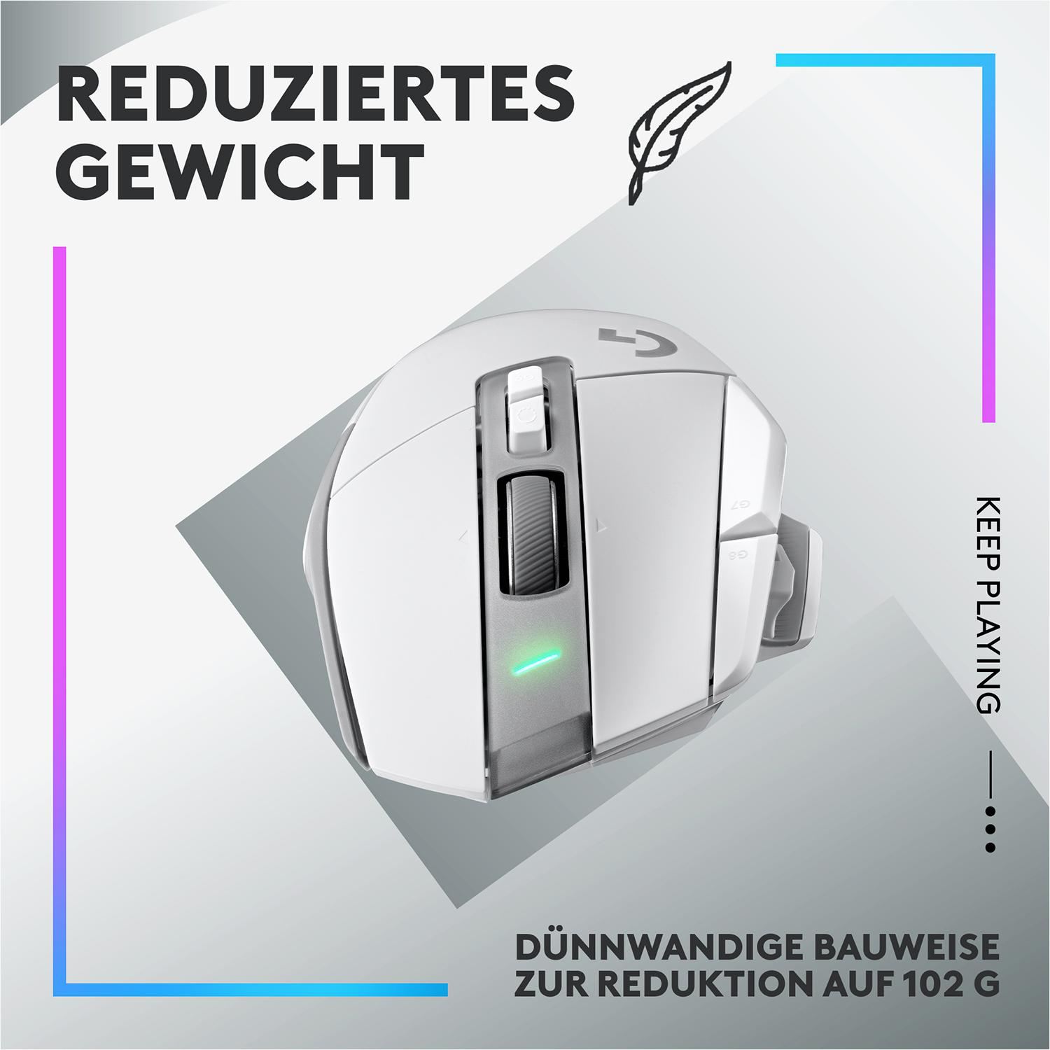 Weiße Gaming-Maus mit Tasten und Scrollrad, Text an der Seite und blauen und rosa Linien.