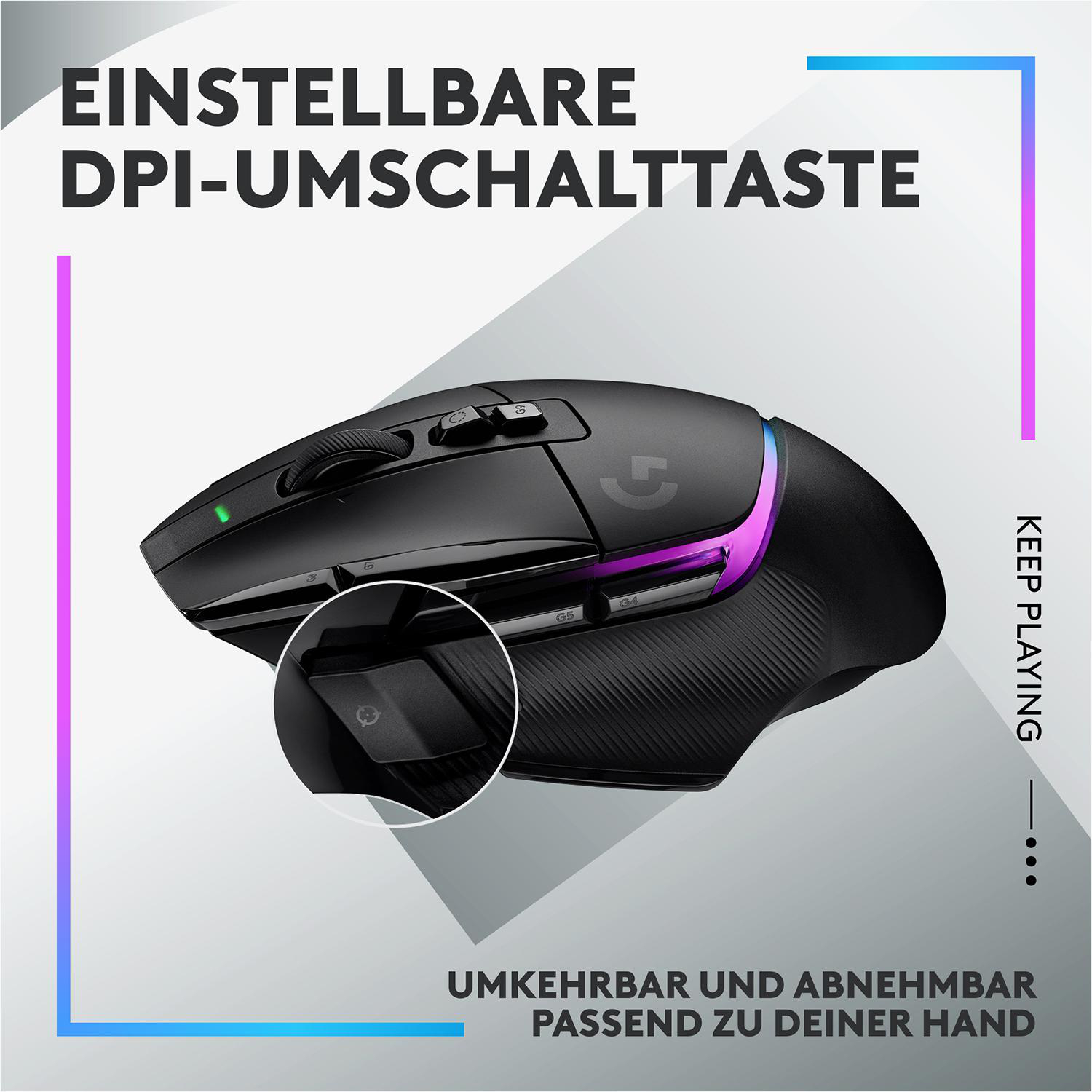 Schwarze Gaming-Maus. Sie hat Tasten und eine Rolle. Text 'Keep Playing'. Die einstellbare DPI-Taste ist hervorgehoben.