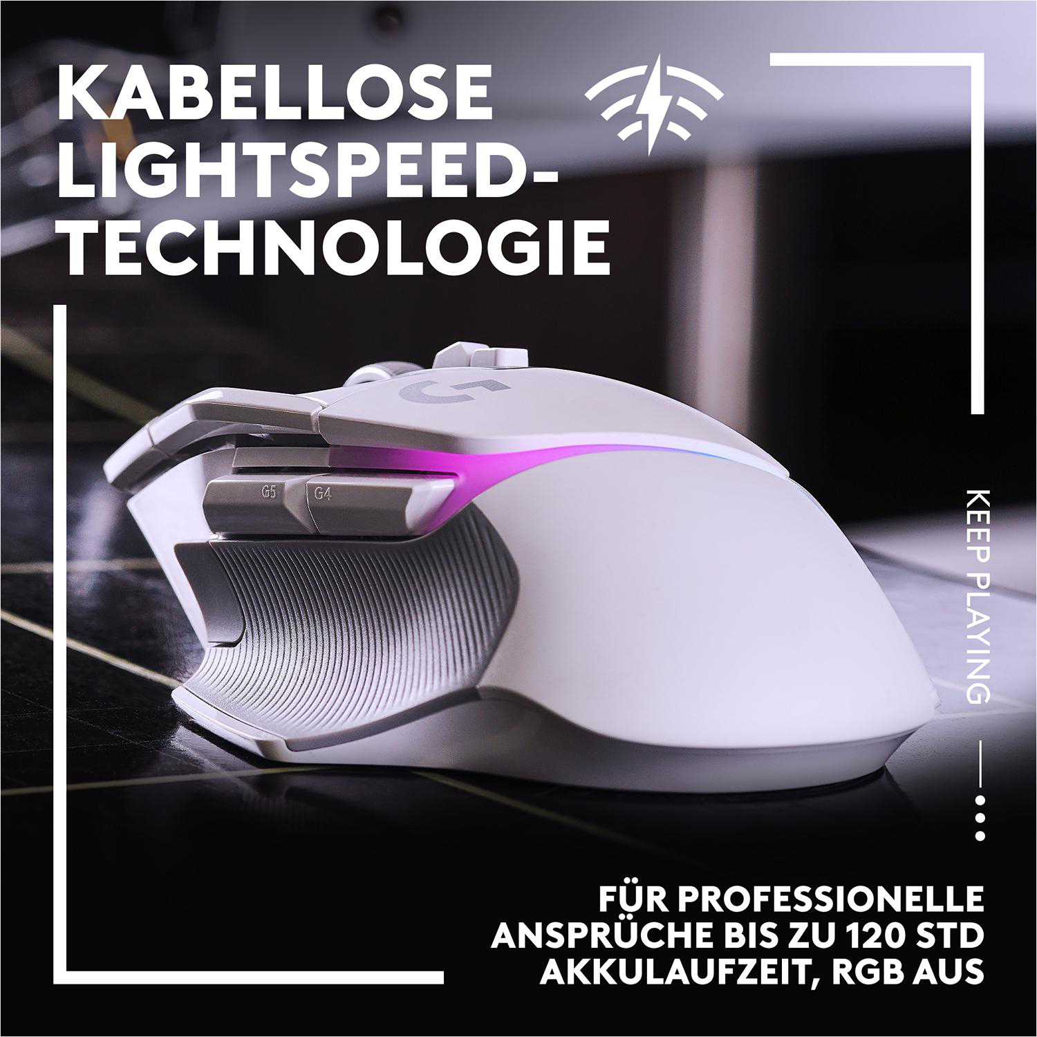 Eine weiße Gaming-Maus mit RGB-Beleuchtung und Text über drahtlose Technologie.