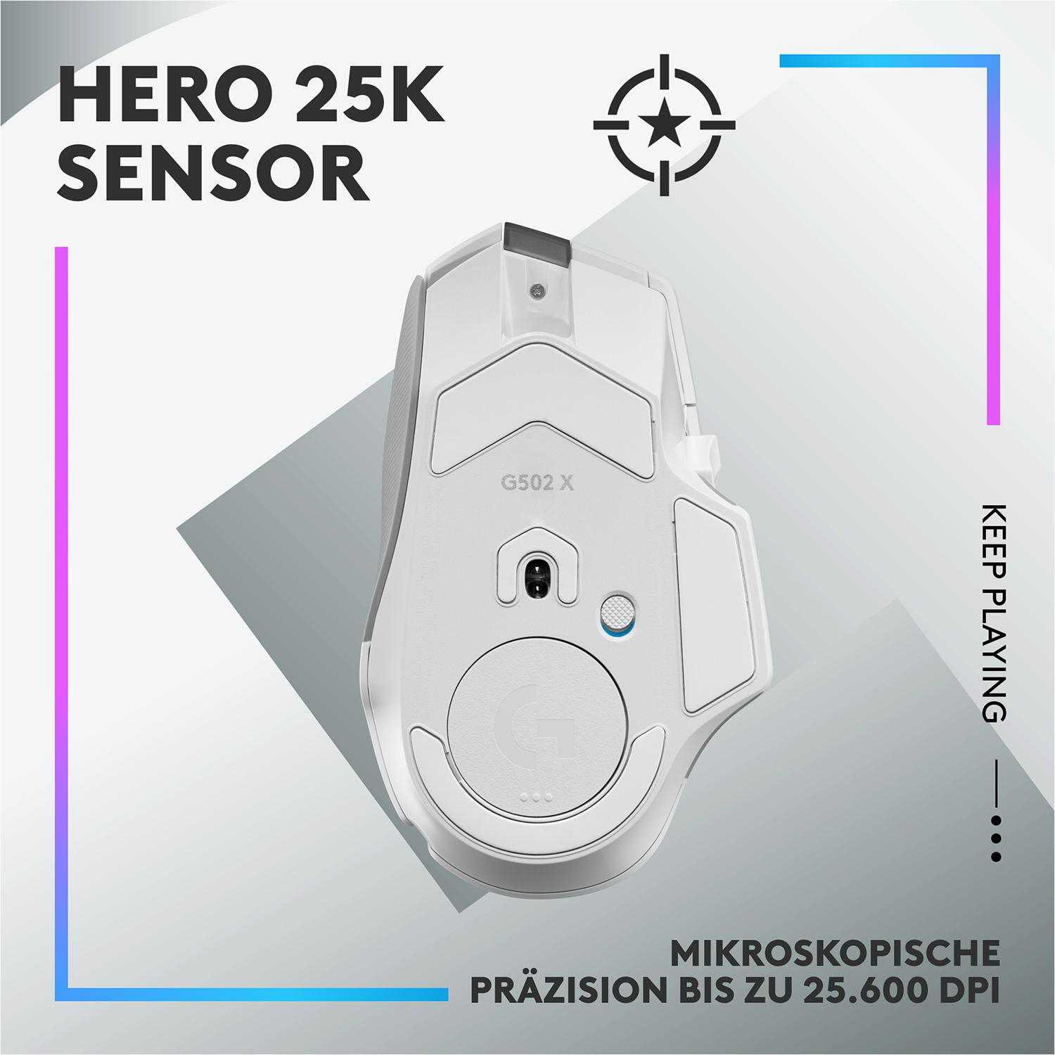 Weiße Gaming-Maus mit Text und Grafiken. Hat ein Rad und Tasten.