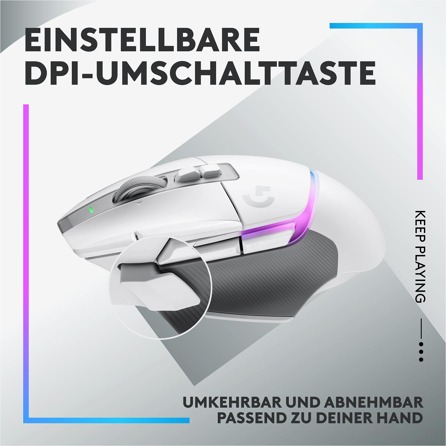 Weiße Gaming-Maus mit farbigen Lichtern und strukturiertem Seitengriff.