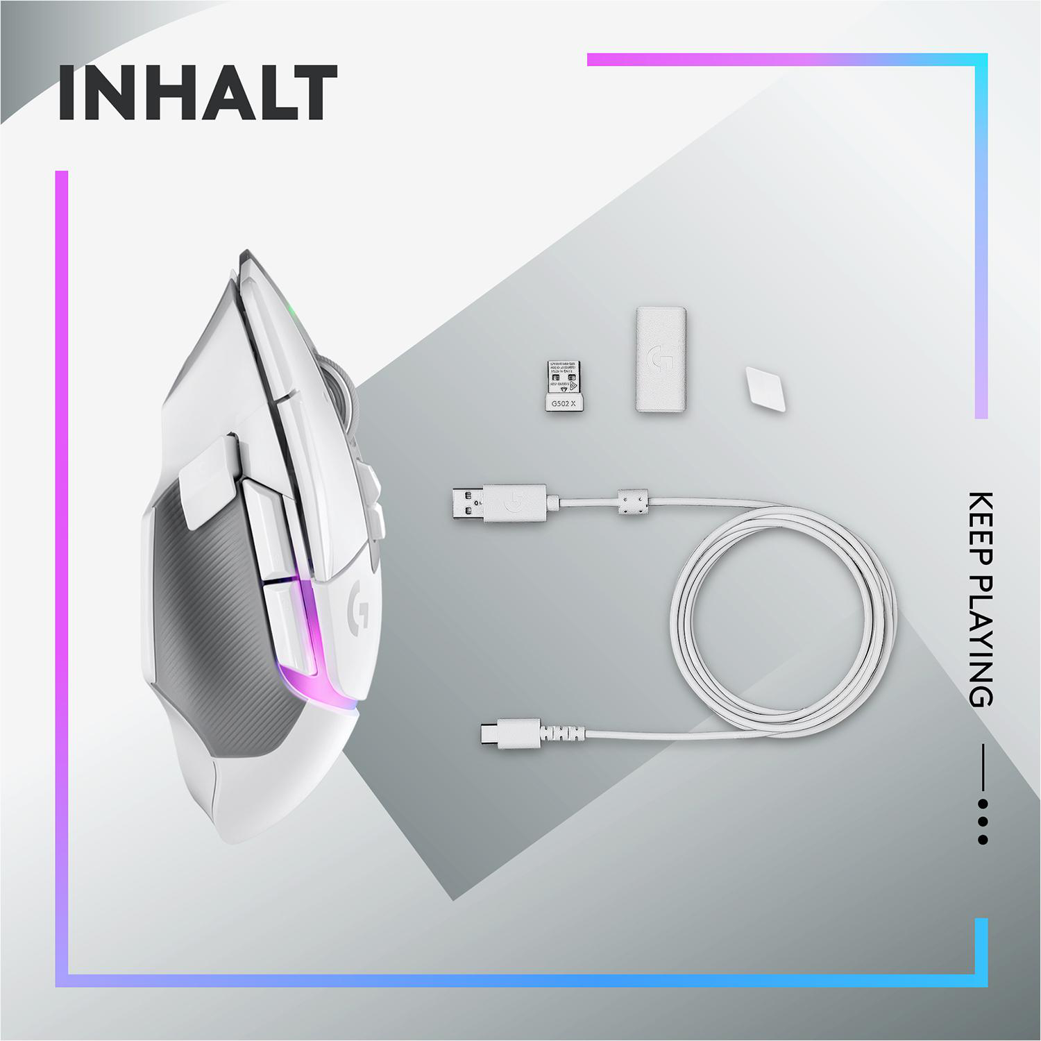 Weiße Gaming-Maus mit Zubehör. Enthält einen Empfänger, ein Kabel und einen kleinen USB-Adapter.
