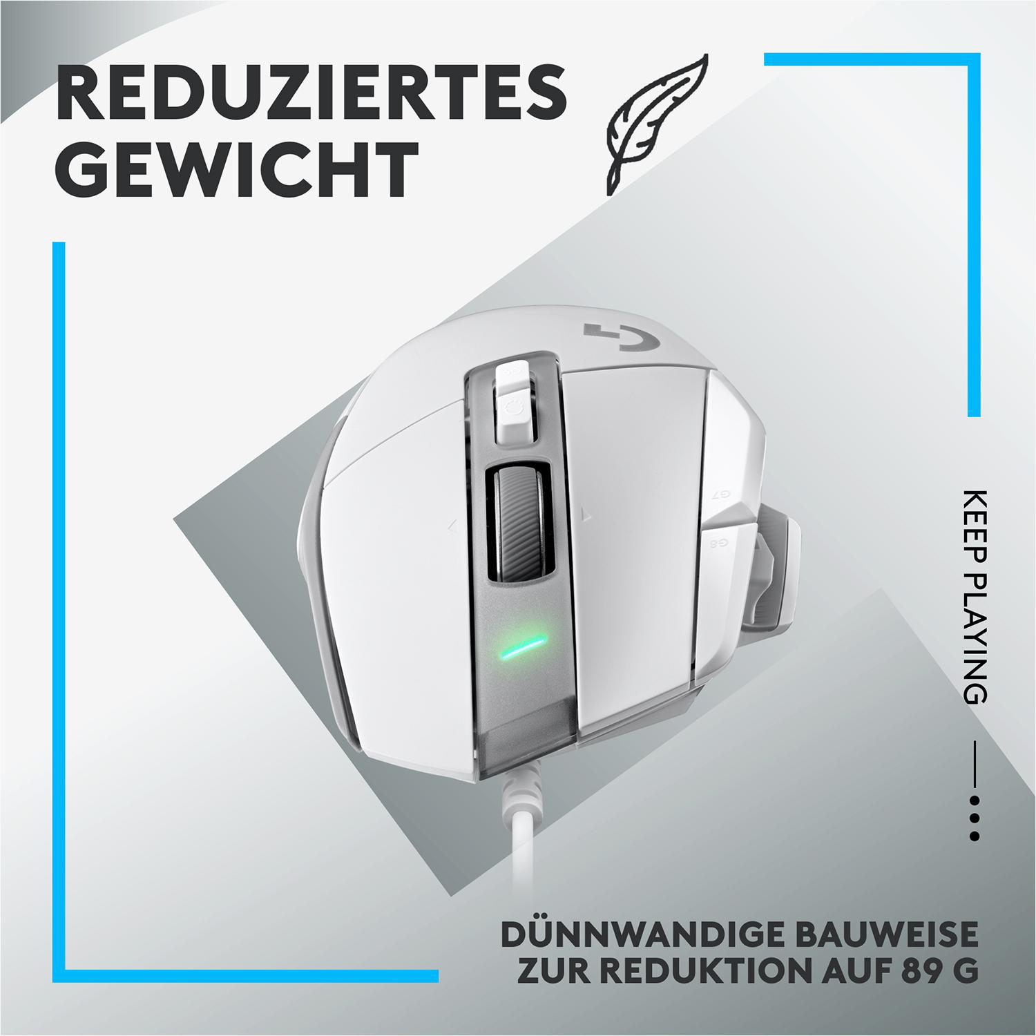 Weiße Gaming-Maus. Sie hat eine Seitentaste und ein grünes Licht.