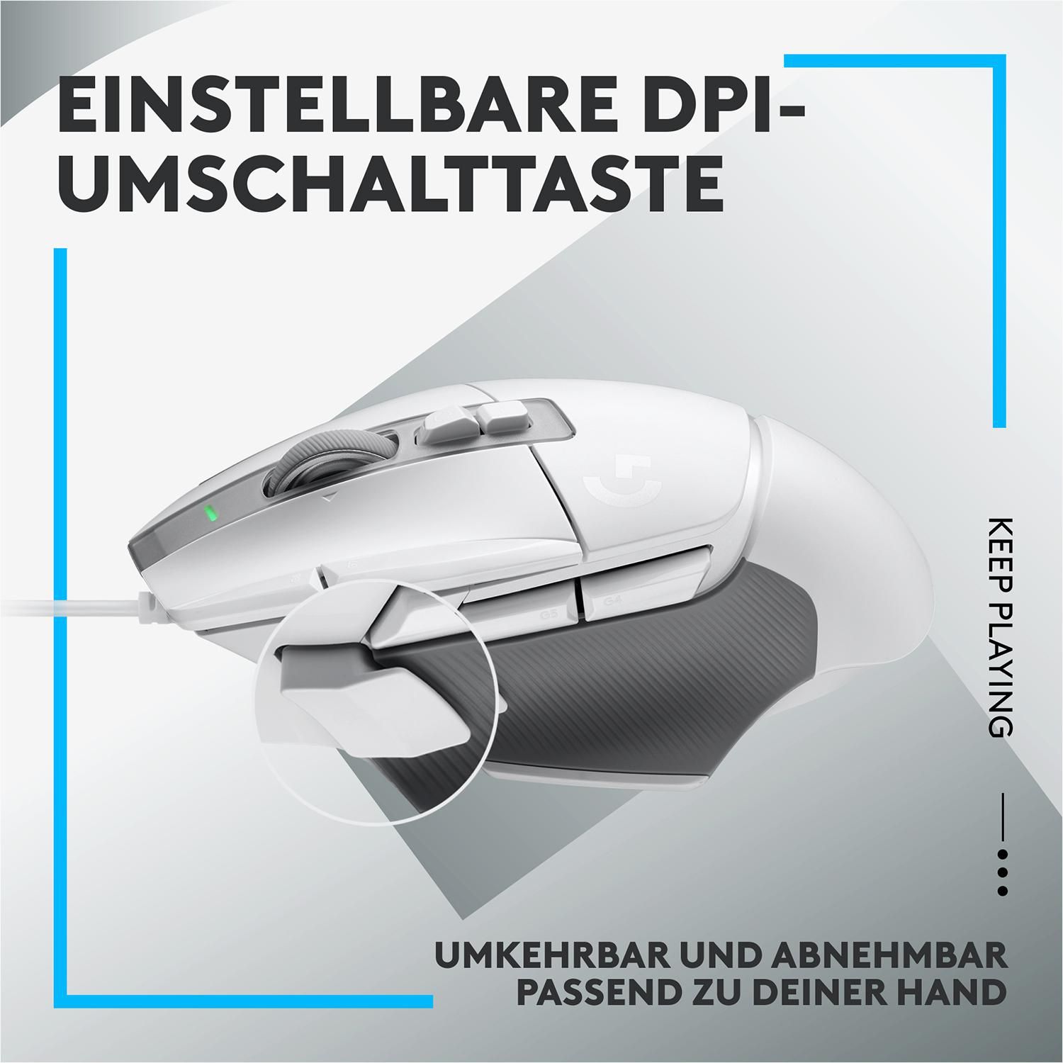 Eine weiße Gaming-Maus mit schwarzem Griff und hervorgehobenen Tasten, Text: einstellbare DPI-Taste.