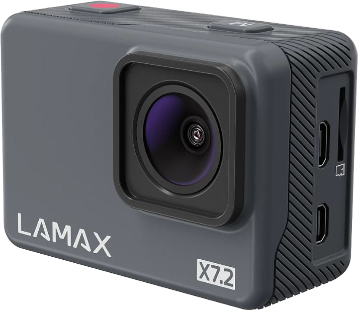 Szürke LAMAX X7.2 akciókamera piros gombbal és fekete objektívvel.