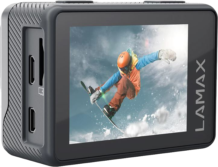 Akciókamera, ami egy snowboardozó embert mutat. A képernyőn a kép látható. Gombok és portok.