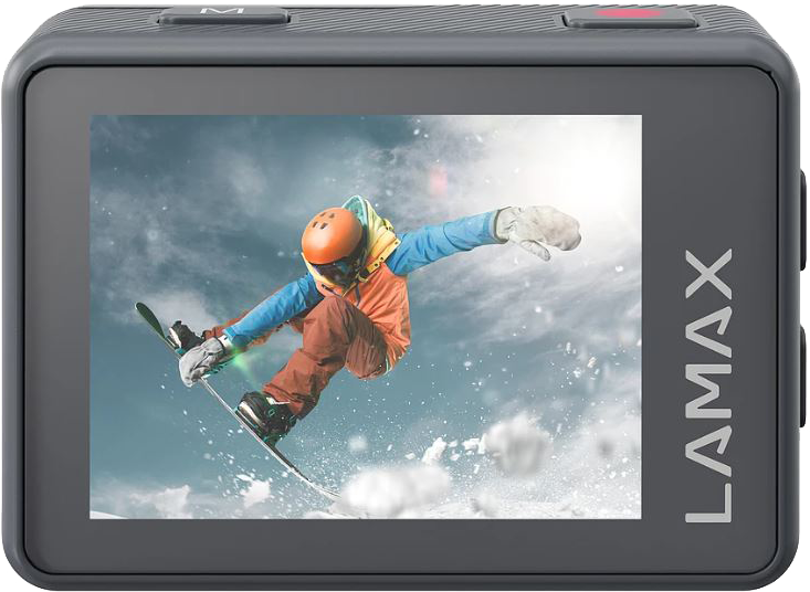 Fekete akciókamera, a képernyőn egy snowboardos látható a levegőben, a LAMAX márkanévvel.