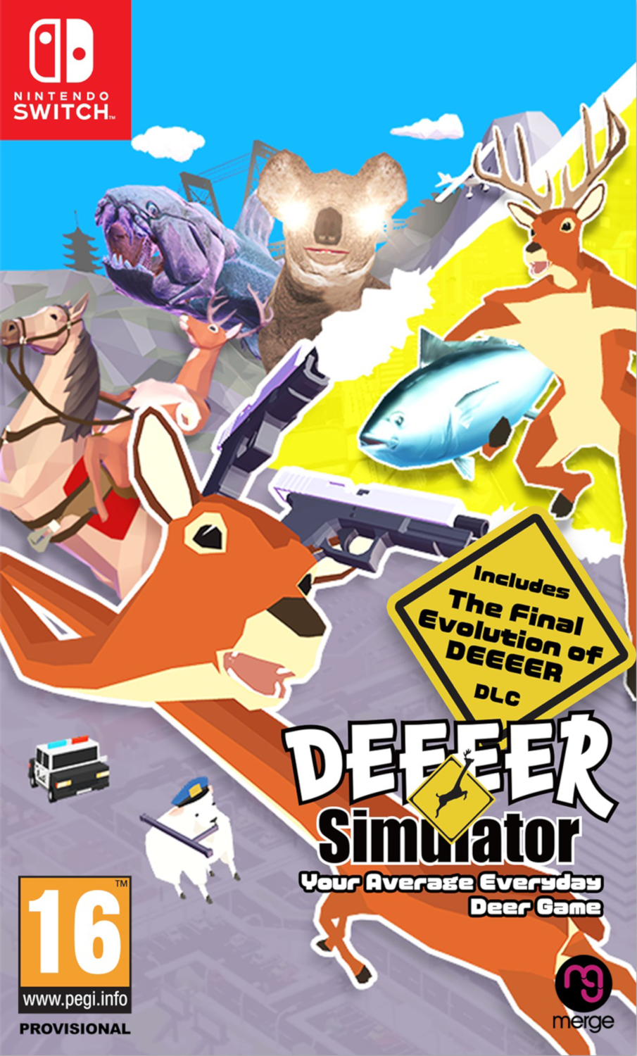Nintendo Switch game cover. Deeer Simulator. Cartoon hert, en andere dieren, met een pistool en een koala.