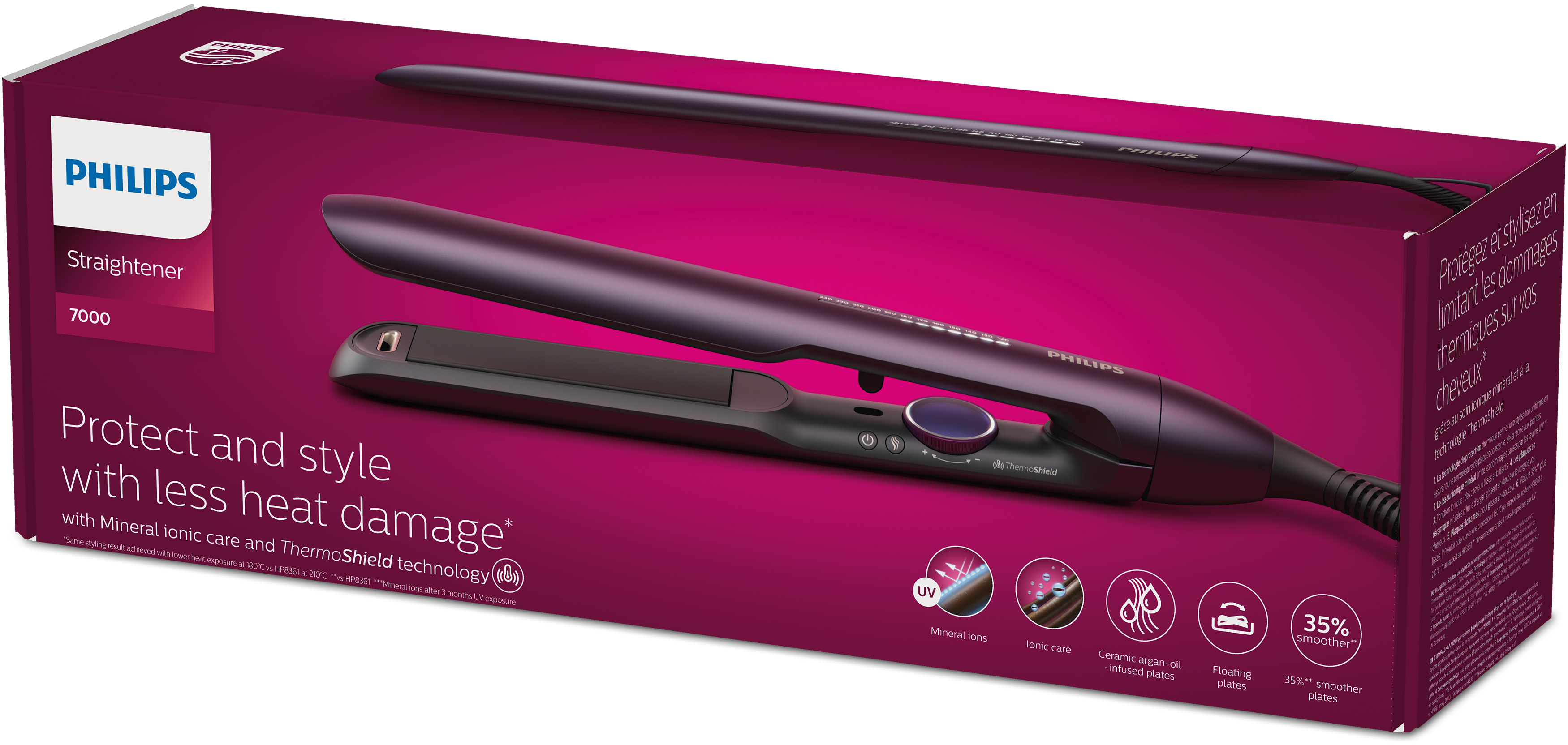 Plancha para el pelo Philips en caja, diseño púrpura e información del producto.
