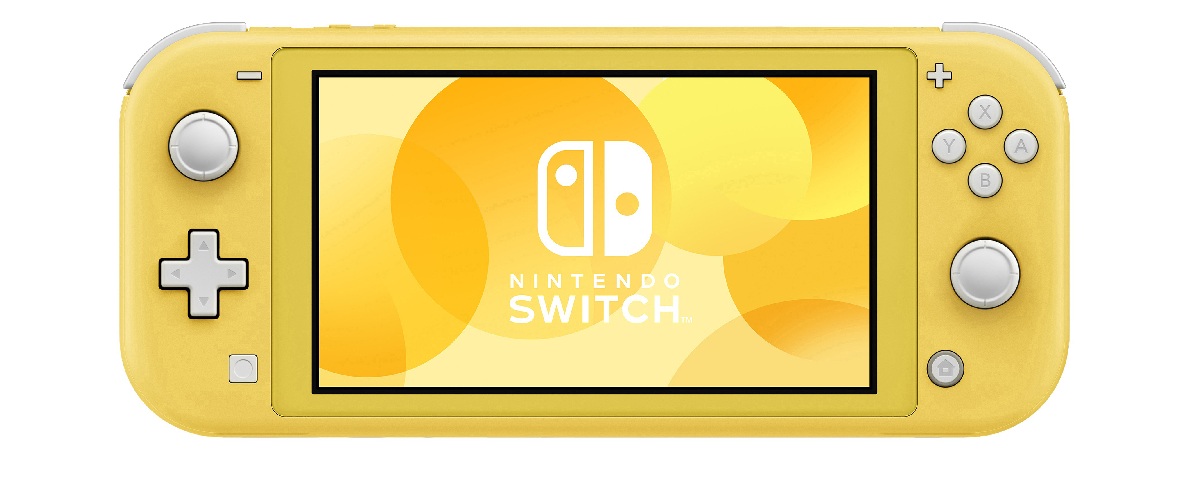 Gelbe Nintendo Switch Lite Konsole. Der Bildschirm zeigt einen gelbthematischen Hintergrund mit dem Nintendo Switch-Logo.