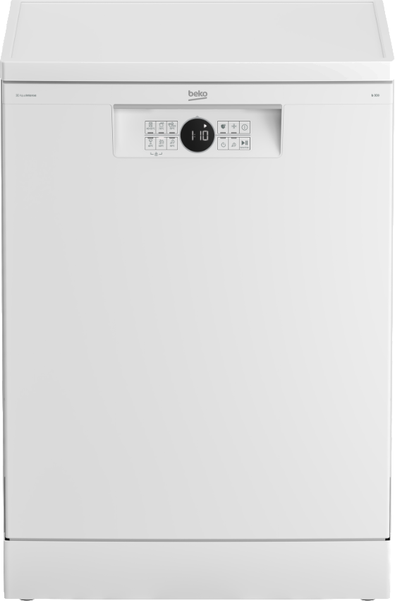 Witte vaatwasser. Het heeft een digitaal display en knoppen. Merk Beko.