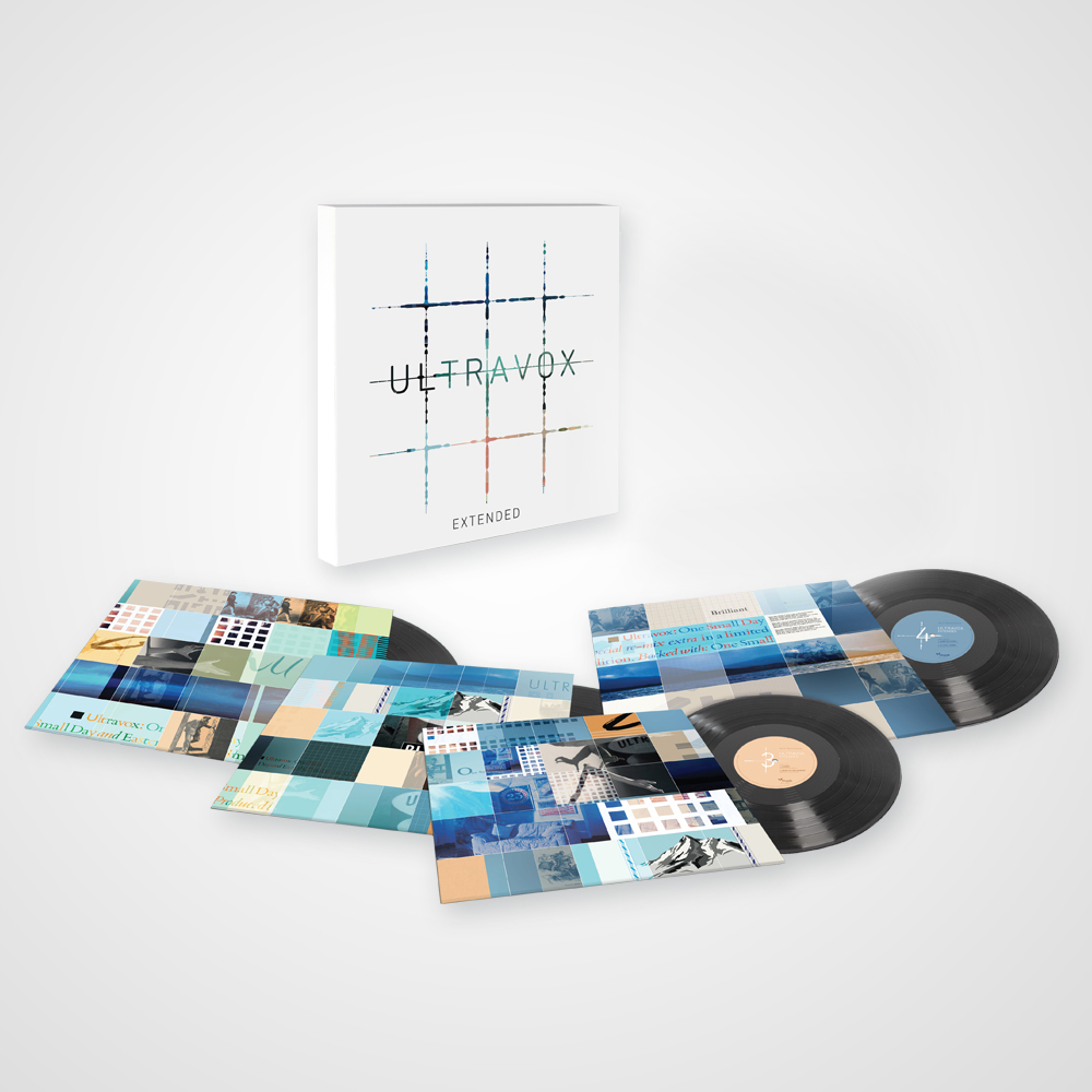 Vinil lemezek, album borító és doboz. Fehér háttér. Szöveg a dobozon: ULTRAVOX EXTENDED.