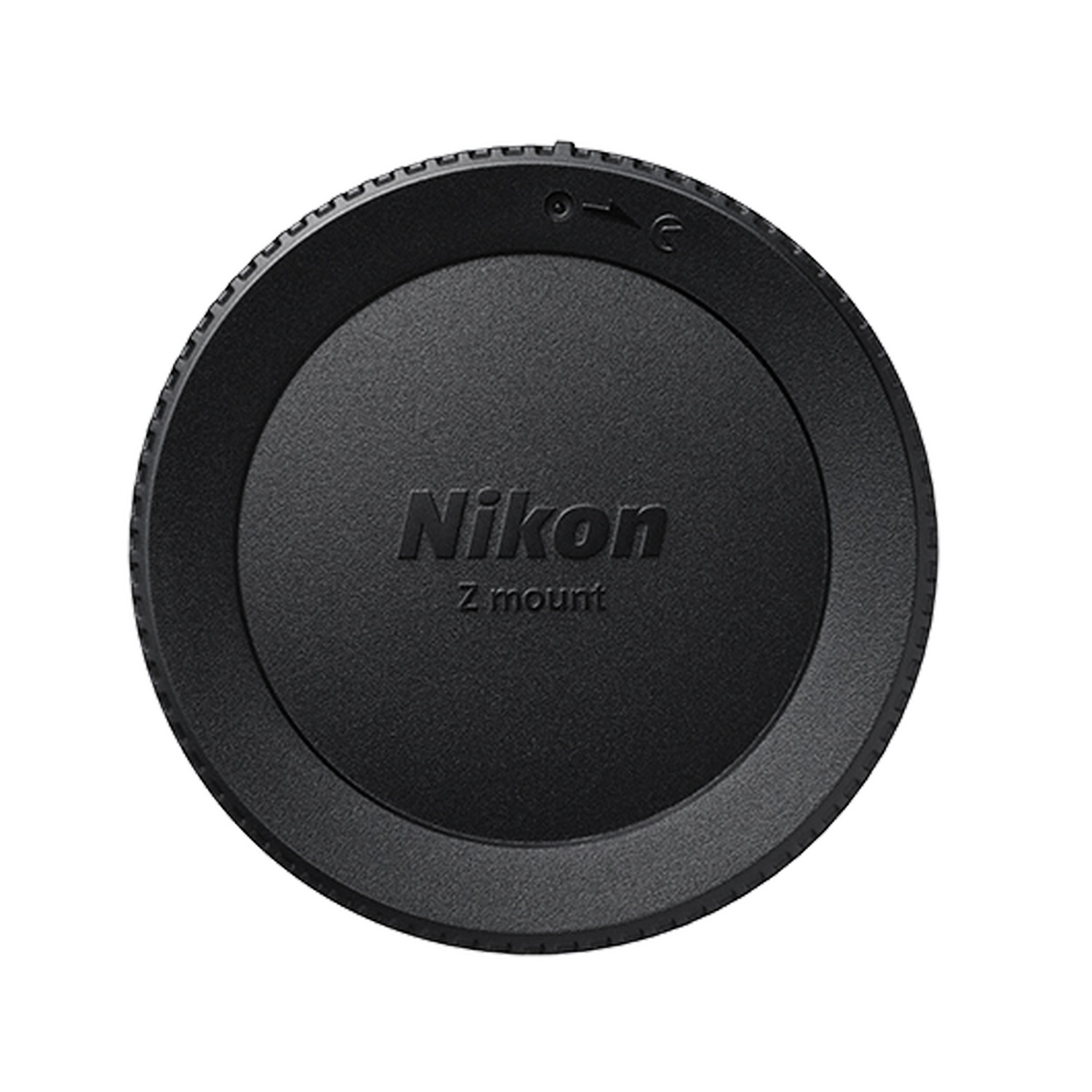 Una tapa de objetivo Nikon Z mount negra, vista superior.