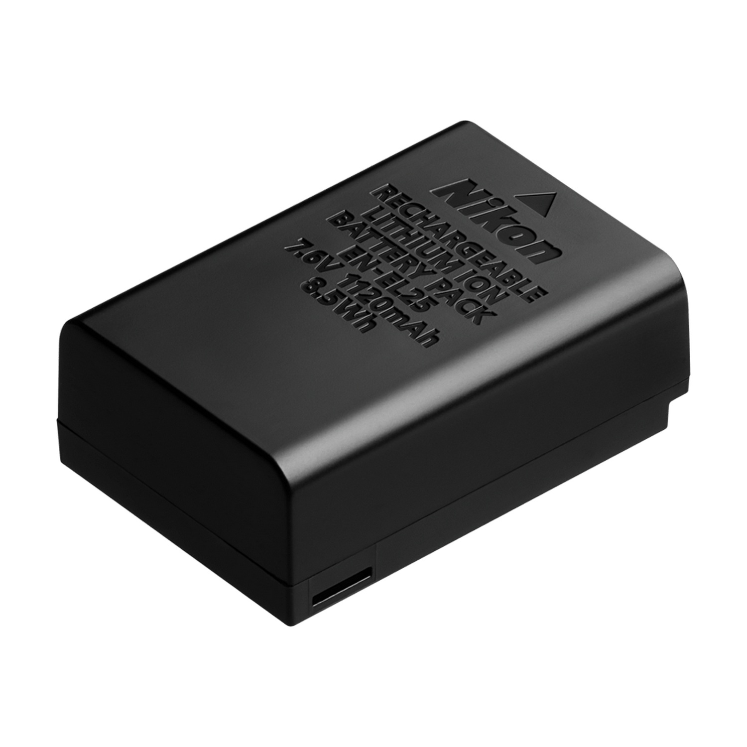 Una batería recargable de iones de litio Nikon negra. El paquete de baterías es rectangular.