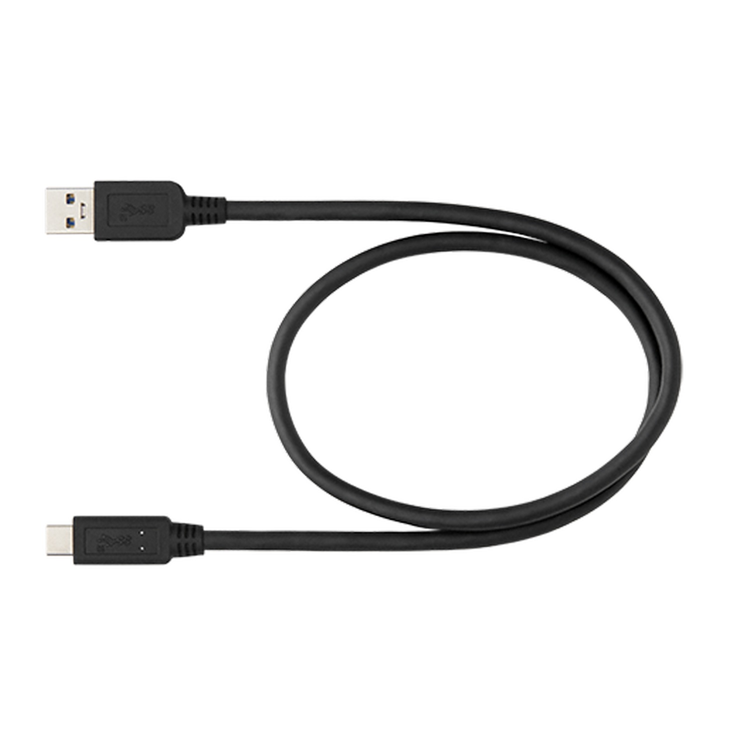 Un cable negro USB-A a USB-C, curvado sobre un fondo blanco.