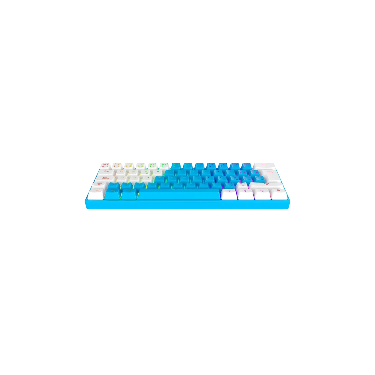 Un teclado azul y blanco sobre un fondo blanco. Las teclas son de diferentes tonos de azul.