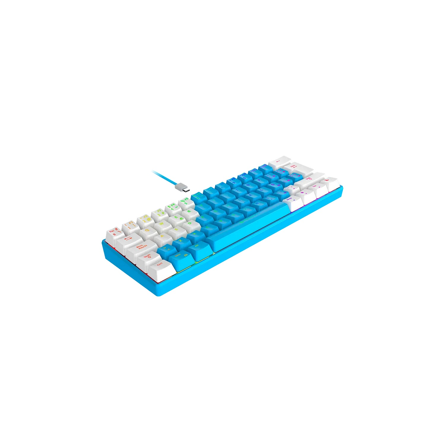 Un teclado pequeño, azul claro, con teclas blancas y azules. Está sobre un fondo blanco.