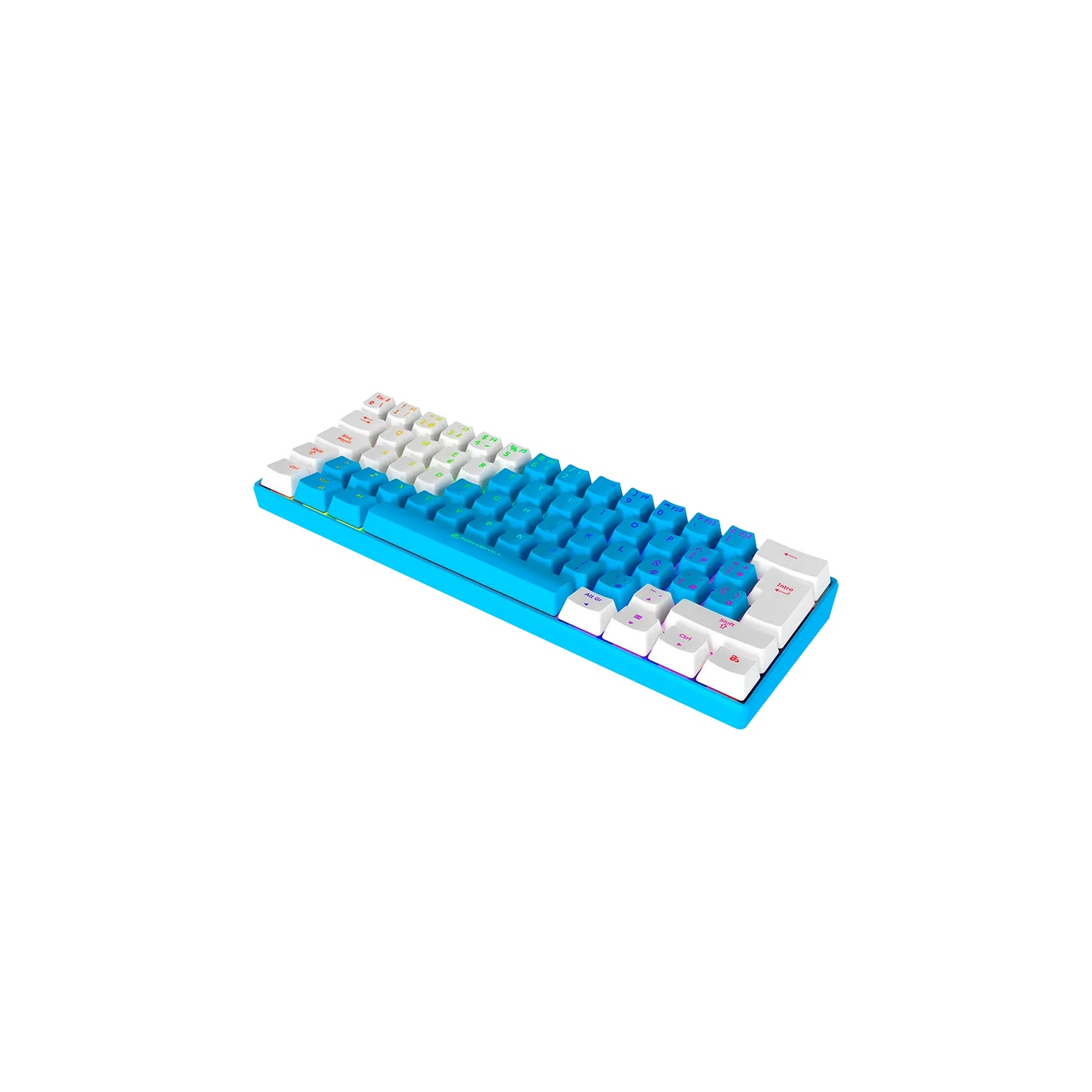 Teclado azul con teclas blancas. Las teclas están sobre una base azul. Fondo blanco.