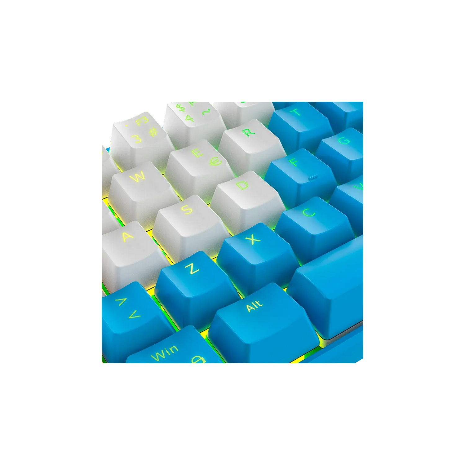 Primer plano de un teclado con teclas blancas y azules. Las teclas muestran letras y símbolos.
