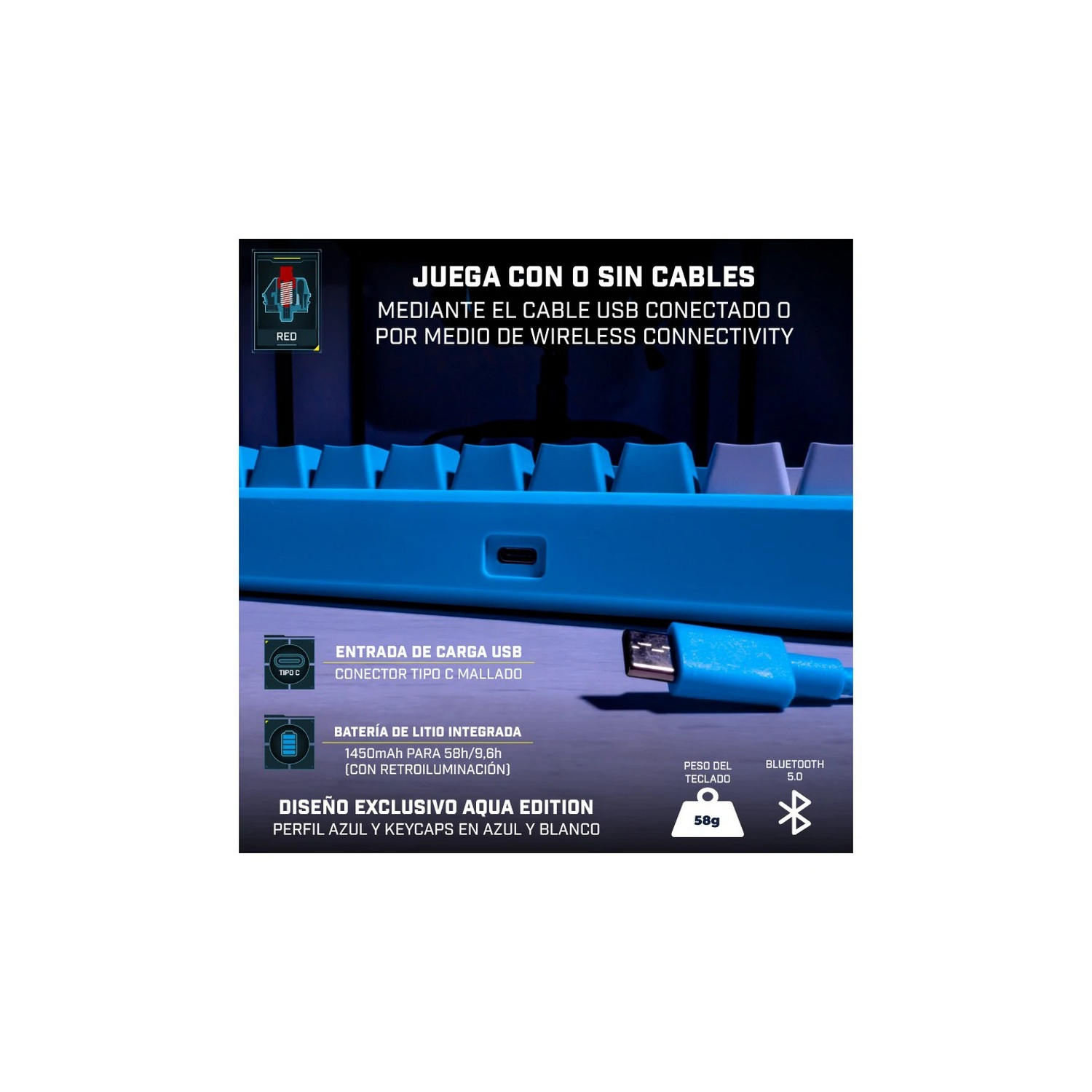 Teclado gaming azul con puerto USB-C. La caja muestra características y teclas.
