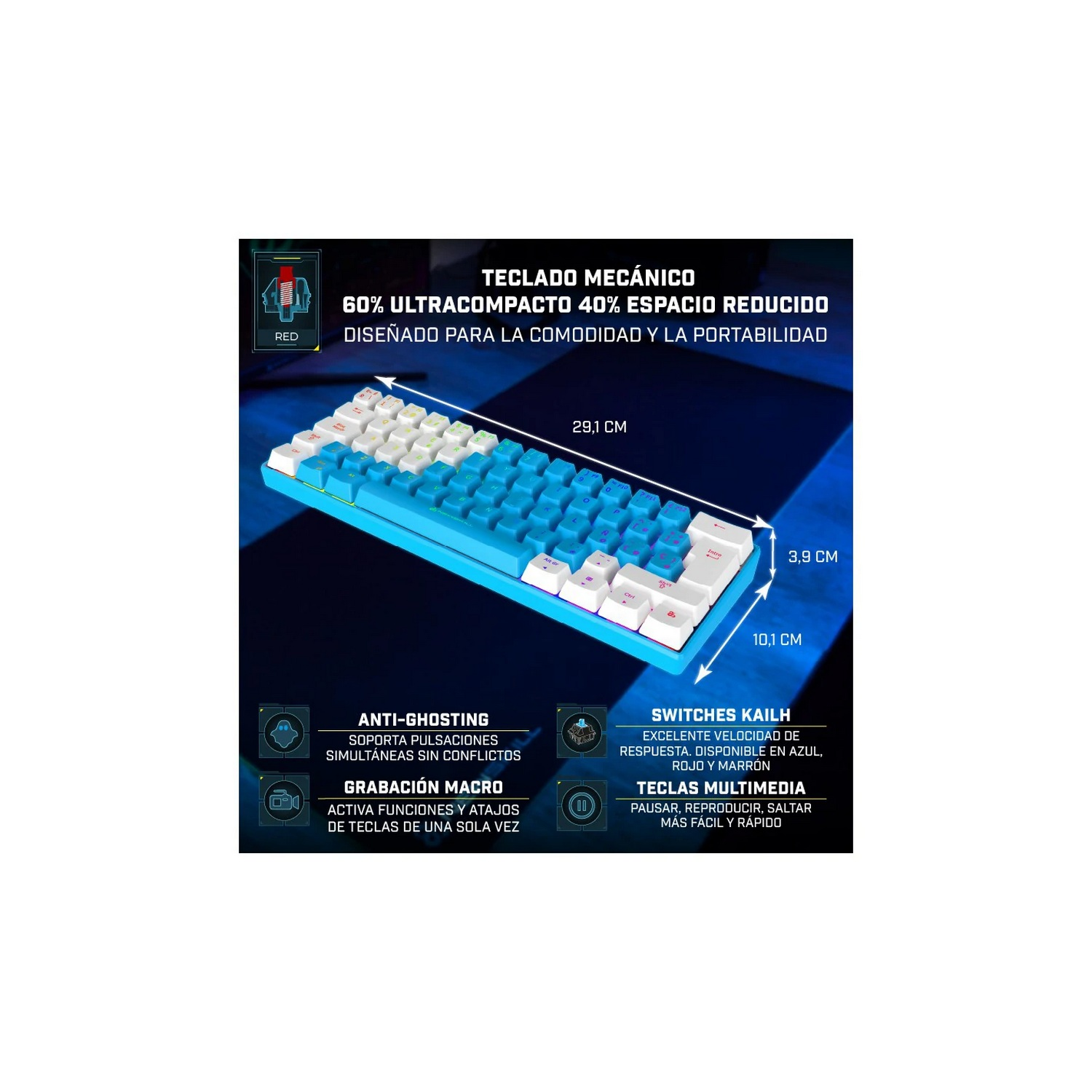 Un teclado mecánico compacto, teclas azules y blancas, con especificaciones y dimensiones.