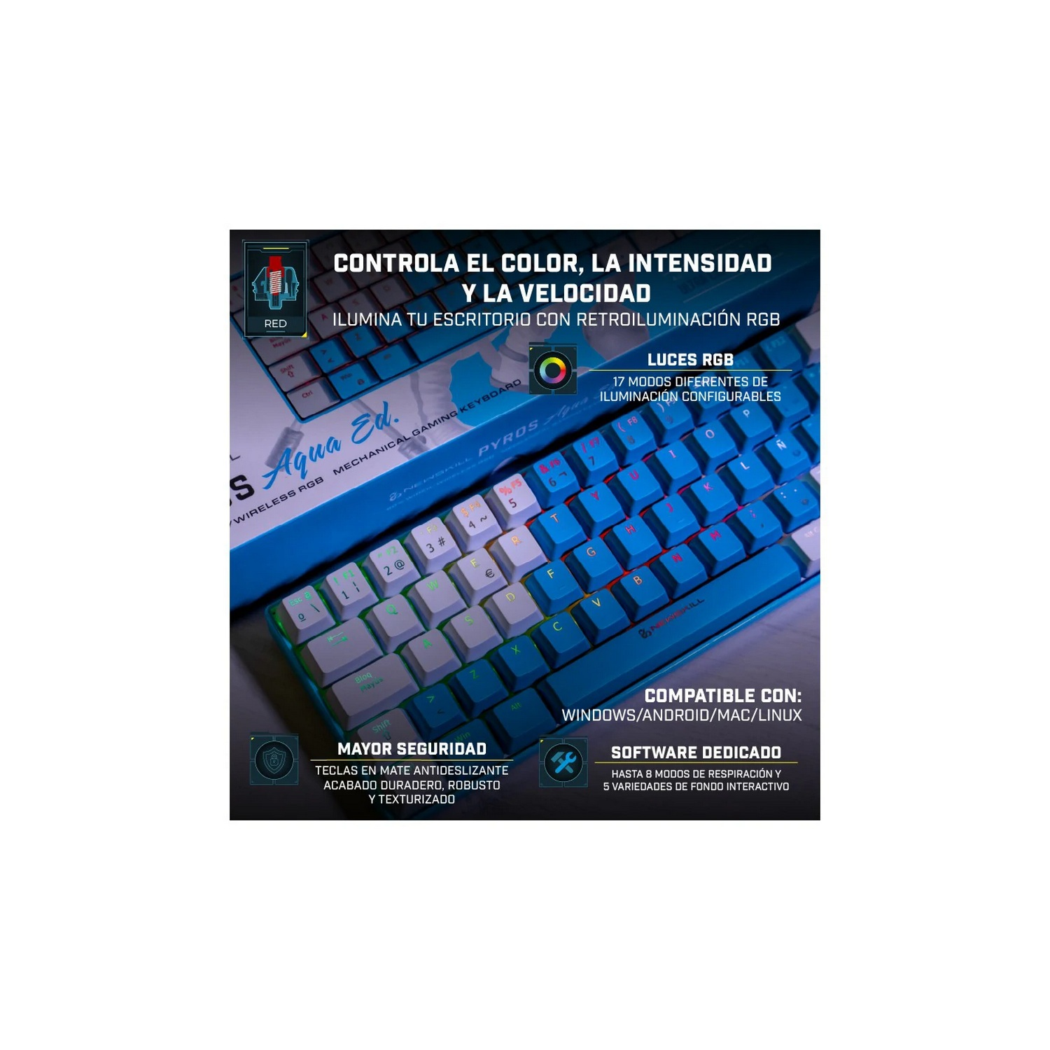 Teclado para juegos azul y negro con luces RGB y texto, vista de cerca.