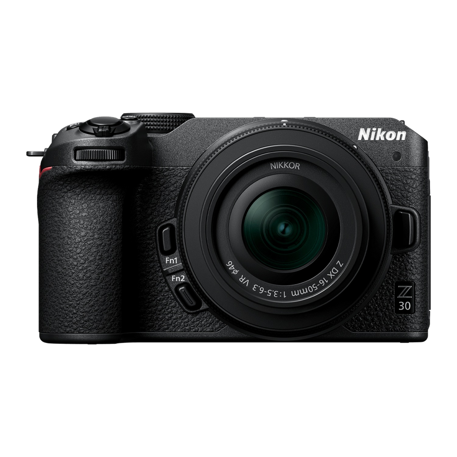 Cámara Nikon Z 30 negra con lente, sobre fondo blanco, primer plano.