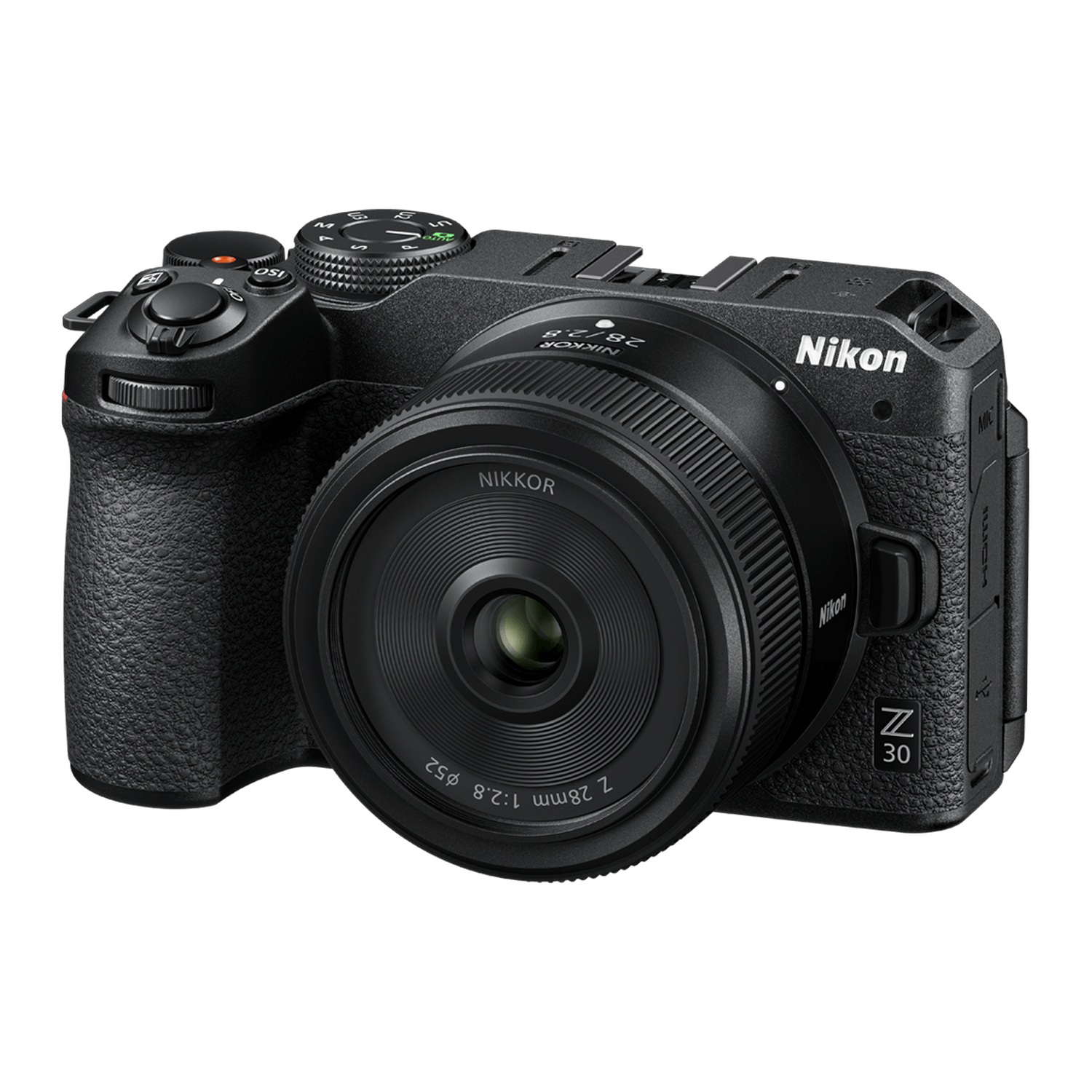 Una cámara Nikon Z30 negra con una lente adjunta, vista en ángulo mostrando los controles.