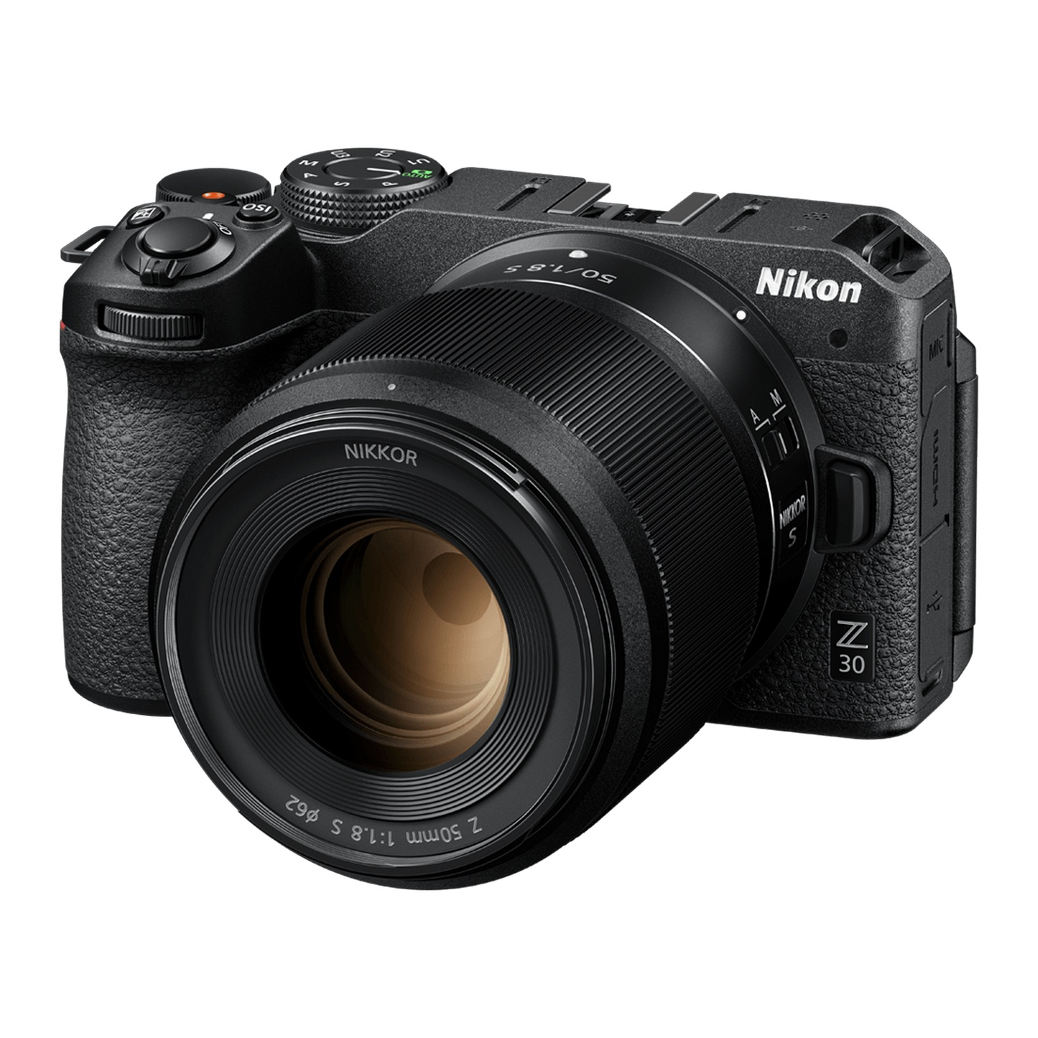 Una cámara Nikon Z 30 negra con lente acoplada, acabado negro mate, sobre fondo blanco.