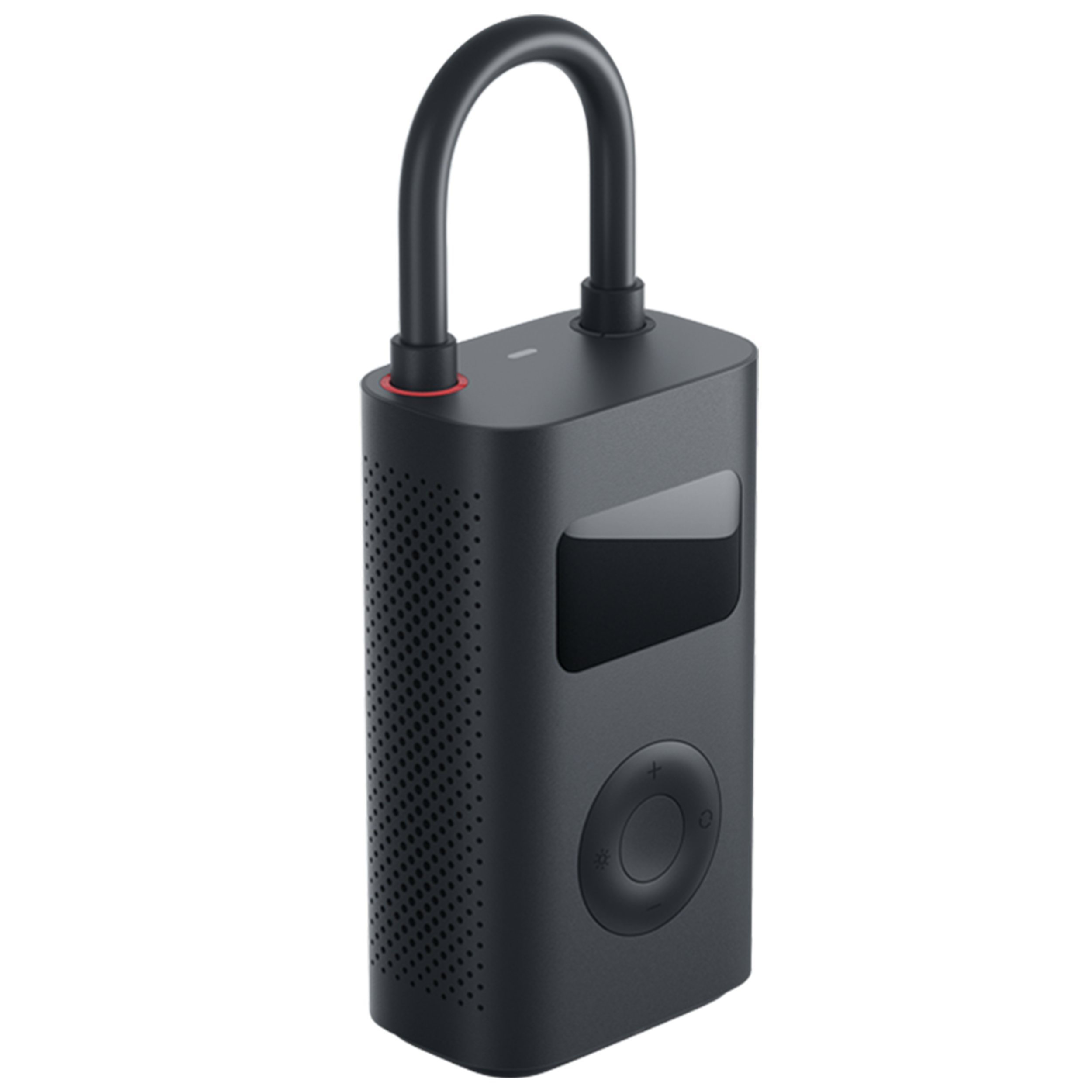 Een zwarte draagbare luchtpomp met een display en een handvat, op een zwarte achtergrond.