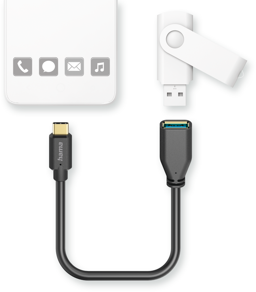 Cavo USB-C, unità USB e adattatore USB-A. Sfondo bianco.