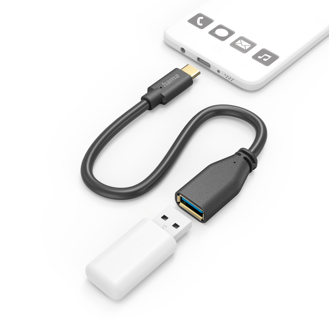 Cavo USB-C nero collegato a un telefono e una chiavetta USB bianca, su una superficie bianca.